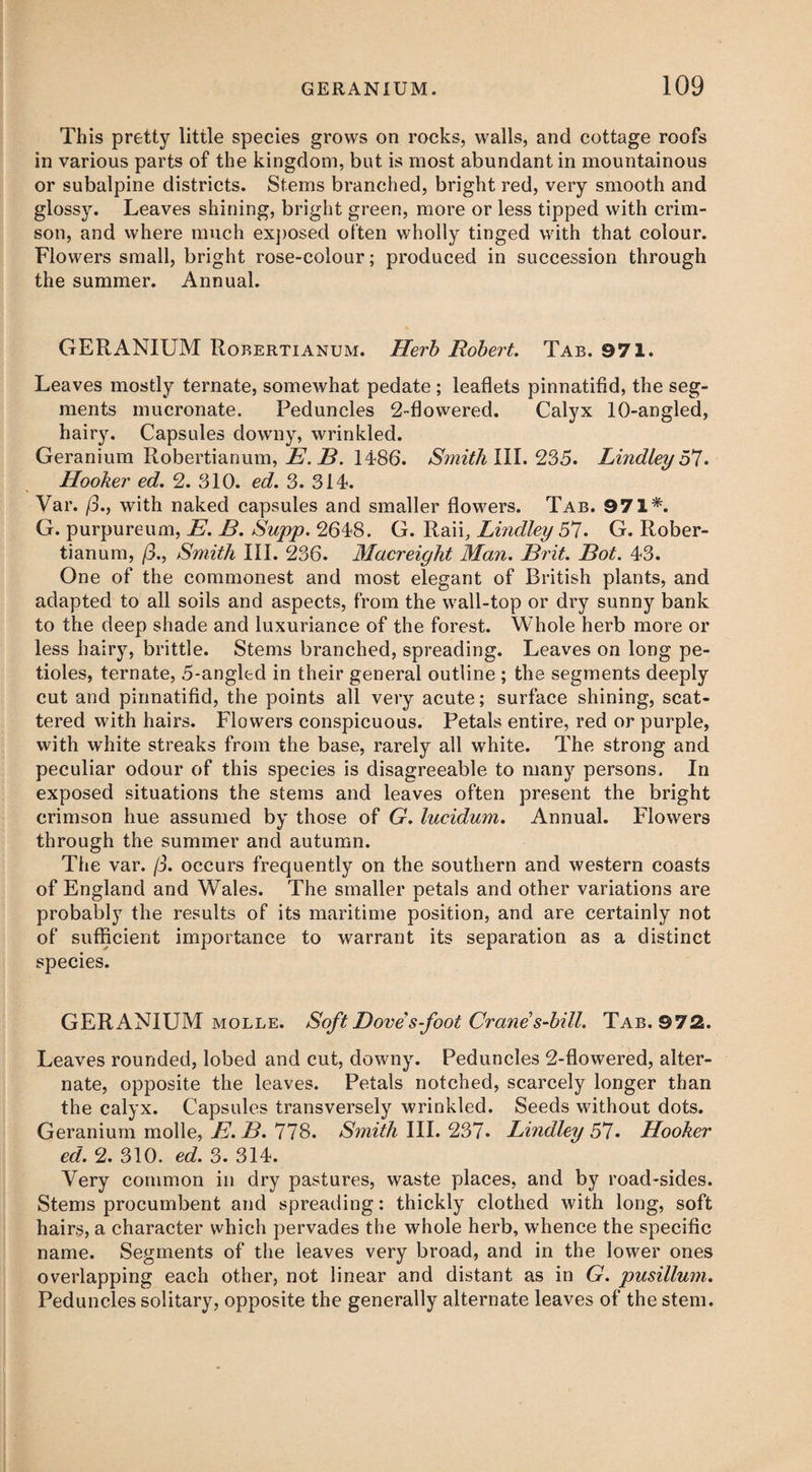 This pretty little species grows on rocks, walls, and cottage roofs in various parts of the kingdom, but is most abundant in mountainous or subalpine districts. Stems branched, bright red, very smooth and glossy. Leaves shining, bright green, more or less tipped with crim¬ son, and where much exposed often wholly tinged with that colour. Flowers small, bright rose-colour; produced in succession through the summer. Annual. GERANIUM Rorertianum. Herb Robert. Tab. 971. Leaves mostly ternate, somewhat pedate ; leaflets pinnatifid, the seg¬ ments mucronate. Peduncles 2-flowered. Calyx 10-angled, hairy. Capsules downy, wrinkled. Geranium Robertianum, E. B. 1486. Smith III. 235. Lindley 57. Hooker ed. 2. 310. ed. 3. 314. Var. (3., with naked capsules and smaller flowers. Tab. 971*. G. purpureum, E. B. Supp. 264-8. G. Raii, Lindley 57. G. Rober¬ tianum, (3., Smith III. 236. Macreight Man. Brit. Bot. 43. One of the commonest and most elegant of British plants, and adapted to all soils and aspects, from the wall-top or dry sunny bank to the deep shade and luxuriance of the forest. Whole herb more or less hairy, brittle. Stems branched, spreading. Leaves on long pe¬ tioles, ternate, 5-angled in their general outline ; the segments deeply cut and pinnatifid, the points all very acute; surface shining, scat¬ tered with hairs. Flowers conspicuous. Petals entire, red or purple, with white streaks from the base, rarely all white. The strong and peculiar odour of this species is disagreeable to many persons. In exposed situations the stems and leaves often present the bright crimson hue assumed by those of G. lucidum. Annual. Flowers through the summer and autumn. The var. (3. occurs frequently on the southern and western coasts of England and Wales. The smaller petals and other variations are probably the results of its maritime position, and are certainly not of sufficient importance to warrant its separation as a distinct species. GERANIUM molle. Soft Dove's-foot Crane s-bill. Tab. 972. Leaves rounded, lobed and cut, downy. Peduncles 2-flowered, alter¬ nate, opposite the leaves. Petals notched, scarcely longer than the calyx. Capsules transversely wrinkled. Seeds without dots. Geranium molle, B. B. 778. Smith III. 237. Lindley S'!-. Hooker ed. 2. 310. ed. 3. 314. Very common in dry pastures, waste places, and by road-sides. Stems procumbent and spreading: thickly clothed with long, soft hairs, a character which pervades the whole herb, whence the specific name. Segments of the leaves very broad, and in the lower ones overlapping each other, not linear and distant as in G. pusillum. Peduncles solitary, opposite the generally alternate leaves of the stem.