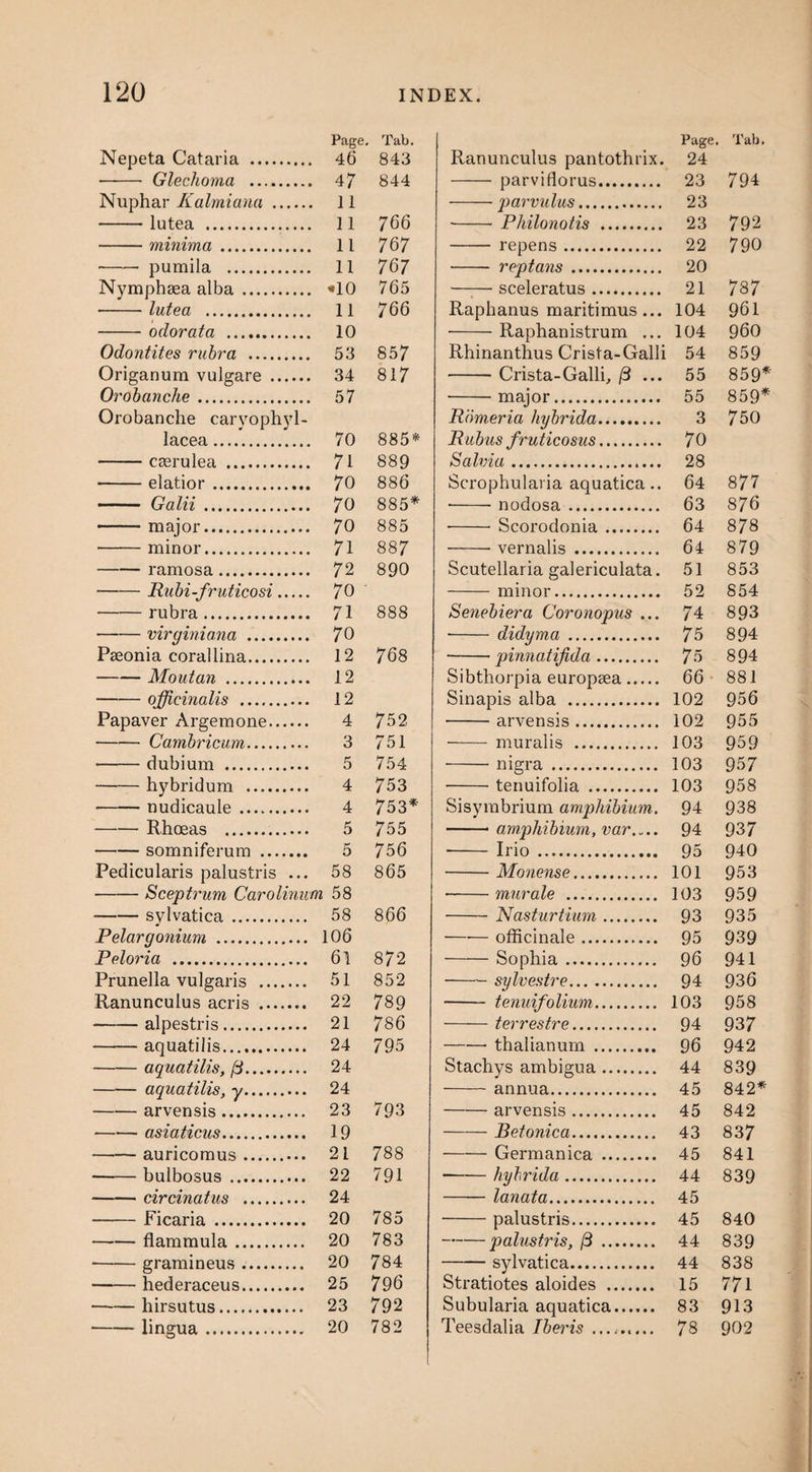 Page Tab. Page Tab. Nepeta Cataria . 46 843 Ranunculus pantothrix. 24 •- Glechoma . 47 844 - parviflorus. 23 794 Nuphar Kalmiana . 11 -parvulus. 23 - lutea . 11 766 -- Philonotis . 23 792 -minima . 1 l 767 - repens . 22 790 •-- pumila . 11 767 - rep tans . 20 Nymphsea alba. *10 765 -sceleratus. 21 787 - lutea . 11 766 Raphanus maritimus... 104 961 - odorata . 10 -Raphanistrum ... 104 960 Odontites rubra . 53 85 7 Rhinanthus Crista-Galli 54 859 Origanum vulgare . 34 817 -Crista-Galli, /3 ... 55 859* Orobanche . 57 ■-- major. 55 859* Orobanche caryophyl- Rbmeria liybrida. 3 7 50 lacea . 70 885* Rubus fruticosus. 70 -caerulea . 71 889 Salvia. 28 •-elatior. 70 886 Scrophularia aquatica.. 64 877 - Galii. 70 885* •-nodosa . 63 876 ■ ■ ■ major. 70 885 --Scorodonia. 64 878 -minor. 71 887 -vernalis. 64 879 -ramosa. 72 890 Scutellaria galericulata. 51 853 -Rubi-fruticosi. 70 -minor. 52 854 -rubra. 71 888 Senebiera Coronopus ... 74 893 -Virginia,na . 70 •-didyma . 75 894 Pseonia corallina. 12 768 -pinnatijida. 7 5 894 -Moutan . 12 Sibthorpia europsea. 66 881 -officinalis . 12 Sinapis alba . 102 956 Papaver Argemone. 4 752 -arvensis. 102 955 -Cambricum. 3 751 - muralis . 103 959 -dubium . 5 754 •-nigra . 103 957 -hybridum . 4 753 •-- tenuifolia . 103 958 --nudicaule. 4 753* Sisymbrium amphibium. 94 938 -Rhoeas . 5 7 55 -- amphibium, var.„.. 94 937 -somniferum . 5 756 ■- Irio . 95 940 Pedicularis palustris ... 58 865 -Monense. 101 953 -Scentrum Carolinum 58 •-murale . 103 959 --svlvatica. 58 866 -Nasturtium. 93 935 Pelargonium . 106 —■— officinale. 95 939 Peloria . 61 872 -Sophia. 96 941 Prunella vulgaris . 51 852 - sylvestre. 94 936 Ranunculus acris . 22 789 - tenuifolium. 103 958 —— alpestris. 21 786 - terrestre. 94 937 --aquatilis. 24 795 —■—• thalianum . 96 942 -aquatilis, (3. 24 Stachys ambigua. 44 839 -aquatilis, y. 24 - annua. 45 842* -arvensis. 23 793 -arvensis. 45 842 -asiaticus. 19 -Betonica. 43 837 -anripnmnc! . _ 21 788 -Germanira. 45 841 --bnlhnsns . 22 791 -hybrid,a,. 44 839 --circinatus . 24 -lanata. 45 -Ficaria. 20 785 -palustris. 45 840 -flammula. 20 783 -palustris, [3 . 44 839 •-gramineus. 20 784 -sylvatica. 44 838 - hederaceus. 25 796 Stratiotes aloides . 15 771 -hirsutus. 23 792 Subularia aquatica. 83 913 -lincrna . 20 782 Teesdalia Tberis. 78 902