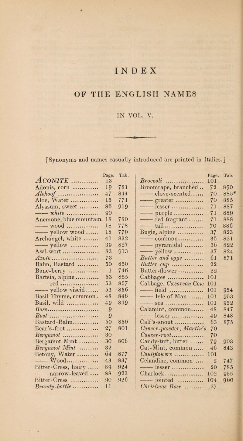 OF THE ENGLISH NAMES IN VOL. V. [Synonyms and names casually introduced are printed in Italics.] Aconite .. Page. Tab. *■ Page. Tab. 13 Broccoli . 101 Adonis, corn . 19 781 Broomrape, branched .. 72 890 Alehoof. 4 7 844 --clove-scented. 70 885* Aloe, Water. 15 771 —— greater . 70 885 Alyssum, sweet . 86 919 - lesser . 71 887 -white . 90 -purple. 71 889 Anemone, blue mountain 18 780 -red fragrant. 71 888 —— wood . 18 77 8 -tall. 70 886 -yellow wood. 18 779 Bugle, alpine . 37 823 Arrbancrpl white . 41 832 -common. 36 821 -yellow . 39 827 -pyramidal . 36 822 Awl-wort. 83 913 -— yellow. 37 824 Azote... 73 Butter and eggs . 61 871 Balm, Bastard .. 50 850 Butter-cup . 22 Bane-berry . 1 746 Butter-flower. 22 Bartsia, alpine. 53 855 Cabbap-es . 101 -red. 53 857 Cabbage, Caesarean Cow 101 -yellow viscid. 53 856 -field . 101 954 Basil-Thyme, common. 48 846 -Isle of Man . 101 953 Basil, wild . 49 849 —— sea . 101 952 Bass. 9 Calamint, common. 48 847 Bast . 9 - lesser . 49 848 Bastard-Balm. 50 850 Calf’s-snout.. 63 875 Bear’s-foot. 27 801 Cancer-powder, Martm’s 70 Bergamot . 30 Cancer-root..... . 70 Bergamot Mint . 30 806 Candytuft, bitter . 79 903 Bergamot Mint . 32 Cat-Mint, common. 46 843 Betony, Water. 64 87 7 Cauliflowers . 101 -Wood. 43 837 Celandine, common .... 2 747 Bitter-Cress, hairy. 89 924 - lesser . 20 7 85 -narrow-leaved .... 88 923 Charlock. 102 955 Bitter-Cress . 90 926 ■-jointed . 104 960 Brandy-bottle. 11 Christmas Rose . 27