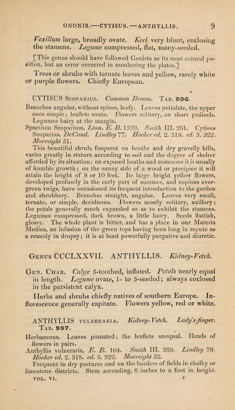 Vexillum large, broadly ovate. Keel very blunt, enclosing the stamens. Legume compressed, flat, many-seeded. [This genus should have followed Genista as its most natural po¬ sition, but an error occurred in numbering the plates.] Trees or shrubs with ternate leaves and yellow, rarely white or purple flowers. Chiefly European. CYTISUS Scoparius. Common Broom,. Tab. ©98. Branches angular, without spines, leafy. Leaves petiolate, the upper ones simple; leaflets ovate. Flowers solitary, on short pedicels. Legumes hairy at the margin. Spartium Scoparium, Linn. E. B. 1339. Smith III. 261. Cytisus Scoparius, DeCcmd. Lindley 77* Hooker ed. 2. 318. ed. 3. 322. Macreight 51. This beautiful shrub, frecjuent on heaths and dry gravelly hills, varies greatly in stature according to soil and the degree of shelter afforded by its situation; on exposed heaths and commons it is usually of humble growth; on the sunny side of a wood or precipice it will attain the height of 8 or 10 feet. Its large bright yellow flowers, developed profusely in the early part of summer, and copious ever¬ green twigs, have occasioned its frequent introduction to the garden and shrubbery. Branches straight, angular. Leaves very small, ternate, or simple, deciduous. Flowers mostly solitary, axillary; the petals generally much expanded so as to exhibit the stamens. Legumes compressed, dark brown, a little hairy. Seeds flattish, glossy. The whole plant is bitter, and has a place in our Materia Medica, an infusion of the green tops having been long in repute as a remedy in dropsy; it is at least powerfully purgative and diuretic. Genus CCCLXXVII. ANTHYLLIS. Kidney-Vetch. Gen. Char. Calyx 5-toothed, inflated. Petals nearly equal in length. Legume ovate, 1- to 3-seeded; always enclosed in the persistent calyx. Herbs and shrubs chiefly natives of southern Europe. In¬ florescence generally capitate. Flowers yellow, red or white. ANTHYLLIS vulneraria. Kidney-Vetch. Ladysfinger. Tab. ©97. * Herbaceous. Leaves pinnated; the leaflets unequal. Heads of flowers in pairs. Anthyllis vulneraria, E. B. 104*. Smith III. 269. Lindley 79. Hooker ed. 2. 318. ed. 3. 322. Macreight 52. Frequent in dry pastures and on the borders of fields in chalky or limestone districts. Stem ascending, 6 inches to a foot in height. VOL. VI. C