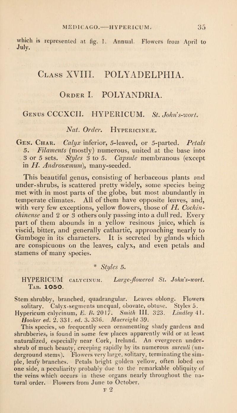 which is represented at fig. I. Annual. Flowers from April to July. Class XVIII. POLYABELPHIA. Order I. POLYANDRIA. Genus CCCXCII. HYPERICUM. St. John’s-wort. Nat. Order. Hypericine^:. Gen. Char. Calyx inferior, 5-leaved, or 5-parted. Petals 5. Filaments (mostly) numerous, united at the base into 3 or 5 sets. Styles 3 to 5. Capsule membranous (except in II. Androsaemum), many-seeded. This beautiful genus, consisting of herbaceous plants and under-shrubs, is scattered pretty widely, some species being met with in most parts of the globe, but most abundantly in temperate climates. All of them have opposite leaves, and, with very few exceptions, yellow flowers, those of H. Cochin- chinense and 2 or 3 others only passing into a dull red. Every part of them abounds in a yellow resinous juice, which is viscid, bitter, and generally cathartic, approaching nearly to Gamboge in its characters. It is secreted by glands which are conspicuous on the leaves, calyx, and even petals and stamens of many species. * Styles 5. HYPERICUM calycinum. Large-flowered St. Johns-wort. Tab. 1050. Stem shrubby, branched, quadrangular. Leaves oblong. Flowers solitary. Calyx-segments unequal, obovate, obtuse. Styles 5. Hypericum calycinum, E. B. 2017. Smith III. 323. Lindley 41. Hooker ed. 2. 331. ed. 3. 33fi. Macreight 39. This species, so frequently seen ornamenting shady gardens and shrubberies, is found in some few places apparently wild or at least naturalized, especially near Cork, Ireland. An evergreen under¬ shrub of much beauty, creeping rapidly by its numerous surculi (un¬ derground stems). Flowers very large, solitary, terminating the sim¬ ple, leafy branches. Petals bright golden yellow, often lobed on one side, a peculiarity probably due to the remarkable obliquity of the veins which occurs in these organs nearly throughout the na¬ tural order. Flowers from June to October.