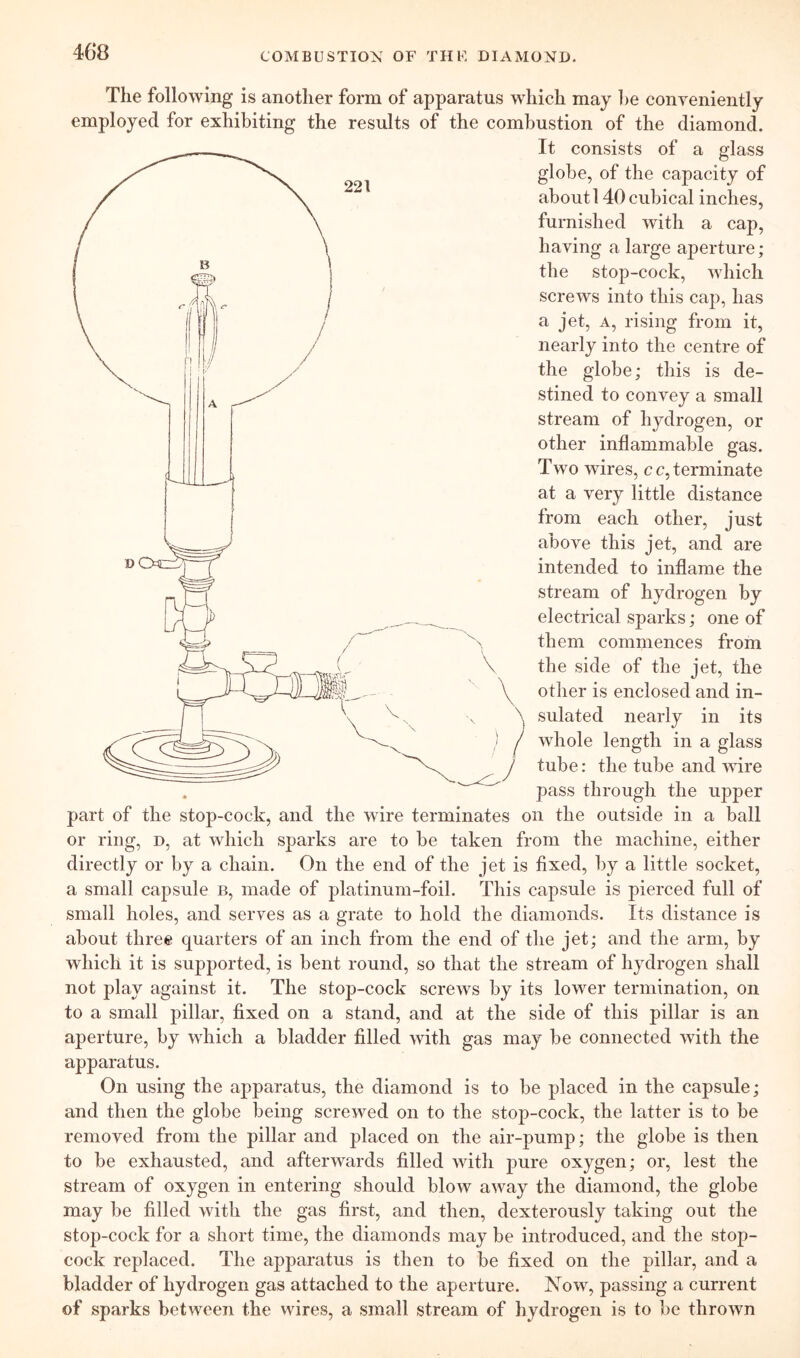 The following is another form of apparatus which may ])e conyeniently employed for exhibiting the results of the combustion of the diamond. It consists of a glass globe, of the capacity of about 140 cubical inches, furnished with a cap, having a large aperture; the stop-cock, which screws into this cap, has a jet. A, rising from it, nearly into the centre of the globe; this is de- stined to convey a small stream of hydrogen, or other inflammable gas. Two wires, cc, terminate at a very little distance from each other, just above this jet, and are intended to inflame the stream of hydrogen by electrical sparks; one of them commences from the side of the jet, the other is enclosed and in- sulated nearly in its whole length in a glass tube: the tube and wire pass through the upper part of the stop-cock, and the wire terminates on the outside in a ball or ring, d, at which sparks are to be taken from the machine, either directly or by a chain. On the end of the jet is fixed, by a little socket, a small capsule b, made of platinum-foil. This capsule is pierced full of small holes, and serves as a grate to hold the diamonds. Its distance is about three quarters of an inch from the end of the jet; and the arm, by which it is supported, is bent round, so that the stream of hydrogen shall not play against it. The stop-cock screws by its lower termination, on to a small pillar, fixed on a stand, and at the side of this pillar is an aperture, by which a bladder filled with gas may be connected with the apparatus. On using the apparatus, the diamond is to be placed in the capsule; and then the globe being screwed on to the stop-cock, the latter is to be removed from the pillar and placed on the air-pump; the globe is then to be exhausted, and afterwards filled with pure oxygen; or, lest the stream of oxygen in entering should blow away the diamond, the globe may be filled with the gas first, and then, dexterously taking out the stop-cock for a short time, the diamonds may be introduced, and the stop- cock replaced. The apparatus is then to be fixed on the pillar, and a bladder of hydrogen gas attached to the aperture. Now, passing a current of sparks between the wires, a small stream of hydrogen is to ])e thrown J