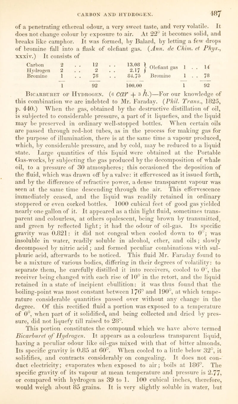 of a penetrating etliereal odour, a very sweet taste, and very volatile. It does not change colour hy exposure to air. At 22° it becomes solid, and breaks like camphor. It was formed, by Balard, by letting a few drops of bromine fall into a flask of olefiant gas. (Ann. cle Chim. et Fhys.^ xxxiv.) It consists of Carbon 2 Hydrogen 2 Bromine 1 12 2 78 ^2'17 } Olefiant gas 1 . . 14' 84.75 Bromine 1 . . 78 1 92 100.00 92 Bicarburet of Hydrogen. (6 CCLT + 3 A.)—For our knowledge of this combination we are indebted to Mr. Faraday. {Phil. Trans.1825, p. 440.) When the gas, obtained by the destructive distillation of oil, is subjected to considerable pressure, a part of it liquefies, and the liquid may be preserved in ordinary well-stopped bottles. When certain oils are passed through red-hot tubes, as in the process for making gas for the purpose of illumination, there is at the same time a vapour produced, which, by considerable pressure, and by cold, may be reduced to a liquid state. Large quantities of this liquid were obtained at the Portable Gas-works, by subjecting the gas produced by the decomposition of whale oil, to a pressure of 30 atmospheres; this occasioned the deposition of the fluid, which was drawn off by a valve: it effervesced as it issued forth, and by the difference of refractive power, a dense transparent vapour was seen at the same time descending through the air. This effervescence immediately ceased, and the liquid was readily retained in ordinary stoppered or even corked bottles. 1000 cubical feet of good gas yielded nearly one gallon of it. It appeared as a thin light fluid, sometimes trans- parent and colourless, at others opalescent, being brown by transmitted, and green by reflected light; it had the odour of oil-gas. Its s|)ecific gravity was 0.821: it did not congeal when cooled down to 0°; was insoluble in water, readily soluble in alcohol, ether, and oils; slowly decomposed by nitric acid; and formed peculiar combinations with sul- phuric acid, afterwards to be noticed. This fluid Mr. Faraday found to be a mixture of various bodies, differing in their degrees of volatility: to separate them, he carefully distilled it into receivers, cooled to 0°, the receiver being changed with each rise of 10° in the retort, and the liquid retained in a state of incipient ebullition: it was thus found that the boiling-point was most constant between 178° and 190°, at which tempe- rature considerable quantities passed over without any change in the degree. Of this rectified fluid a portion was exposed to a temperature of 0°, when part of it solidified, and being collected and dried by pres- sure, did not liquefy till raised to 28°. This portion constitutes the compound which we have above termed Bicarburet of Hydrogen. It appears as a colourless transparent liquid, having a peculiar odour like oil-gas mixed with that of bitter almonds. Its specific gravity is 0.85 at 60°. When cooled to a little below 32°, it solidifies, and contracts considerably on congealing. It does not con- duct electricity; evaporates when exposed to air; boils at 186°. The specific gravity of its vapour at mean temperature and pressure is 2.77, or compared with hydrogen as 39 to 1. 100 cubical iuches, therefore, would weigh about 85 grains. It is very slightly soluble in water, but