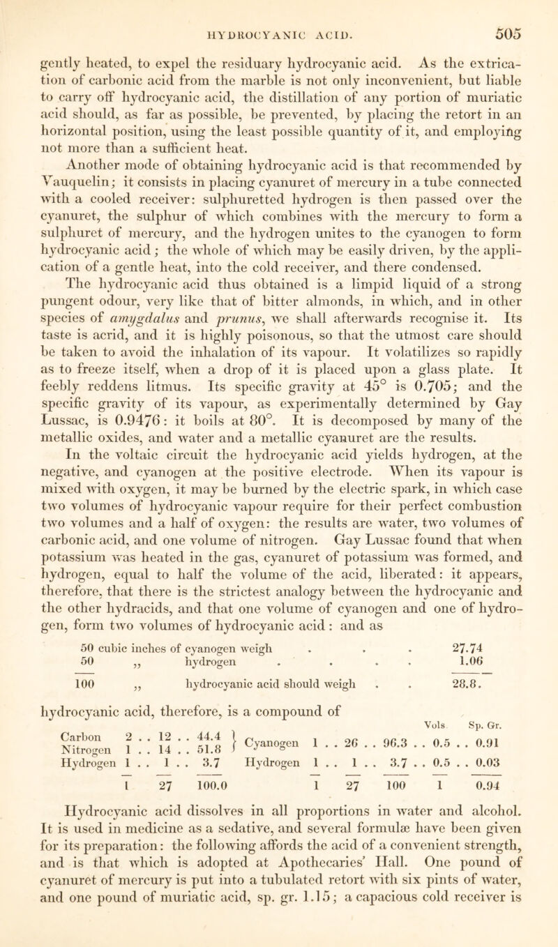 gently heated, to expel the residuary hydrocyanic acid. As the extrica- tion of carbonic acid from the marble is not only inconvenient, but liable to carry otf hydrocyanic acid, the distillation of any portion of muriatic acid should, as far as possible, be prevented, by placing the retort in an liorizontal position, using the least possible quantity of it, and employing not more than a sufficient heat. Another mode of obtaining hydrocyanic acid is that recommended by Vauquelin; it consists in placing cyanuret of mercury in a tube connected with a cooled receiver: sulphuretted hydrogen is then passed over the cyanuret, the sulphur of which combines with the mercury to form a sulphurct of mercury, and the hydrogen unites to the cyanogen to form hydrocyanic acid; the whole of which may he easily driven, by the appli- cation of a gentle heat, into the cold receiver, and there condensed. The hydrocyanic acid thus obtained is a limpid liquid of a strong pungent odour, very like that of hitter almonds, in which, and in other species of amygdalus and pruniis, we shall afterwards recognise it. Its taste is acrid, and it is highly poisonous, so that the utmost care should be taken to avoid the inhalation of its vapour. It volatilizes so rapidly as to freeze itself, when a drop of it is placed upon a glass plate. It feebly reddens litmus. Its specific gravity at 45° is 0.705; and the specific gravity of its vapour, as experimentally determined by Gay Lussac, is 0.9476: it boils at 80°. It is decomposed by many of the metallic oxides, and water and a metallic cyanuret are the results. In the voltaic circuit the hydrocyanic acid yields hydrogen, at the negative, and cyanogen at the positive electrode. When its vapour is mixed with oxygen, it may he burned by the electric spark, in which case two volumes of hydrocyanic vapour require for their perfect combustion two volumes and a half of oxygen: the results are water, two volumes of carbonic acid, and one volume of nitrogen. Gay Lussac found that when potassium was heated in the gas, cyanuret of potassium was formed, and hydrogen, equal to half the volume of the acid, liberated: it appears, therefore, that there is the strictest analogy between the hydrocyanic and the other hydracids, and that one volume of cyanogen and one of hydro- gen, form two volumes of hydrocyanic acid: and as 50 cubic inches of cyanogen weigh . . . 27.74 50 ,, hydrogen . . . . 1.06 100 ,, hydrocyanic acid should weigh . . 28.8. hydrocyanic acid, therefore, is a compound of Vols Carbon 2 . . 12 . . 44.4 Nitrogen 1 . . 14 . . 51.8 Hydrogen 1 . . 1 . . 8.7 Cyanogen Hydrogen 1 . . 26 . . 96.3 . . 0.5 1 . . 1 . . ,3.7 .. 0.5 Sp. Gr. . . 0.91 . . 0.03 I 27 100.0 27 100 1 0.94 Hydrocyanic acid dissolves in all proportions in water and alcohol. It is used in medicine as a sedative, and several formulae have been given for its preparation: the following affords the acid of a convenient strength, and is that which is adopted at Apothecaries’ Hall. One pound of cyanuret of mercury is put into a tubulated retort with six pints of water, and one pound of muriatic acid, sp. gr. 1.15; a capacious cold receiver is