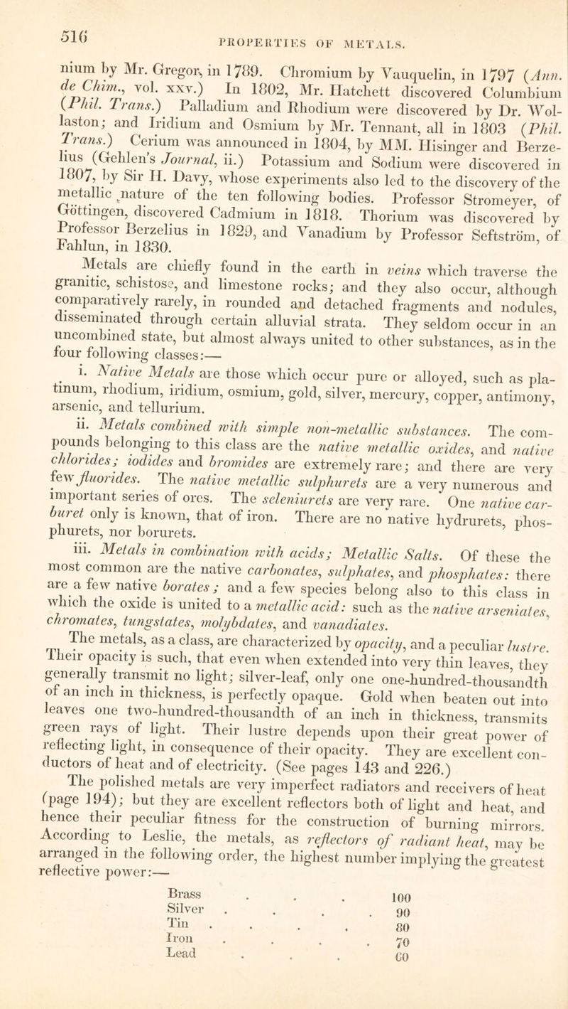 PROPERTIES OF METALS. nium by Mr. Gregor, in 1789. Chromium by Vauquelin, in 1797 (Ann. 7m’ YOl‘ XXV') In 1802’ Mr* Hatchett discovered Columbium (i hil. Trans.) Palladium and Rhodium were discovered by Dr. Wol- laston; and Iridium and Osmium by Mr. Tennant, all in 1803 (Phil. i am.) Ceiium was announced in 1804, by MM. Hisinger and Berze- S J°urnah ii*) Potassium and Sodium were discovered in c 07, by Sii II. Davy, whose experiments also led to the discovery of the metallic nature of the ten following bodies. Professor Stromeyer, of Gottingen, discovered Cadmium in 1818. Thorium was discovered by Professor Berzelius 111 1829, and Vanadium by Professor Seftstrom, of Fahlun, m 1830. Metals are chiefly found in the earth in veins which traverse the granitic, schistose, and limestone rocks; and they also occur, although comparatively rarely, in rounded and detached fragments and nodules, disseminated through certain alluvial strata. They seldom occur in an uncombmed state, but almost always united to other substances, as in the tour following classes:— . '* Native Metals are those which occur pure or alloyed, such as pla- tinum, rhodium, iridium, osmium, gold, silver, mercury, copper, antimony arsenic, and tellurium. 17 11. Metals combined with simple non-metallic substances. The com- pounds belonging to this class are the native metallic oxides, and native chlorides; iodides and bromides are extremely rare; and there are very few fluorides. The native metallic sulphurets are a very numerous and important series of ores. The seleniurets are very rare. One native car- buret only is known, that of iron. There are no native liydrurets, phos- phurets, nor borurets. r iii. Metals in combination with acids; Metallic Salts. Of these the most common are the native carbonates, sulphates, and phosphates: there are. a few native borates; and a few species belong also to this class in winch the oxide is united to a metallic acid: such as the native arseniates chromates, tungstates, molybdates, and vanadiates. The metals, as a class, are characterized by opacity, and a peculiar lustre. I heir opacity is such, that even when extended into very thin leaves they generally transmit no light; silver-leaf, only one one-hundred-tliousandth of an inch 111 thickness, is perfectly opaque. Gold when beaten out into leaves one two-hundred-thousandth of an inch in thickness, transmits gieen rays of light. Their lustre depends upon their great power of reflecting light, in consequence of their opacity. They are excellent con- ductors of heat and of electricity. (See pages 143 and 226.) The polished metals are very imperfect radiators and receivers of heat (page 194); but they are excellent reflectors both of light and heat and hence their peculiar fitness for the construction of burning mirrors. According to Leslie, the metals, as reflectors of radiant heat, may be arranged in the following order, the highest number implying the greatest reflective power:— Brass Silver Tin Iron Lead 100 00 80 70 00