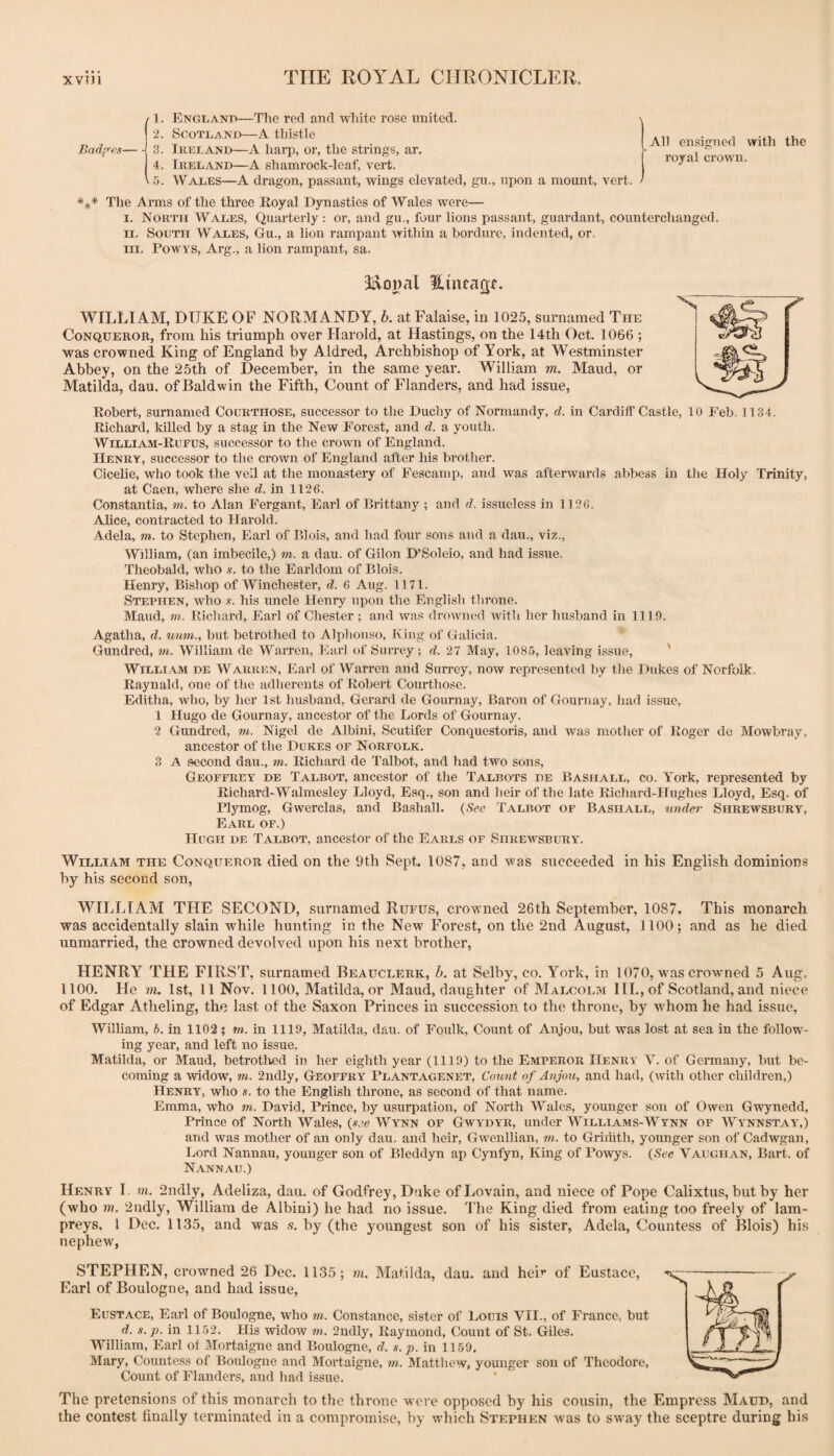 1. England—The red and wliite rose united. 2. Scotland—A thistle Badf'es— -j 3. Irel and—A harp, or, the strings, ar. 4. Ireland—A shamrock-leaf, vert. V 5. Wales—A dragon, passant, wings elevated, gu., upon a mount, vert. *** The Arms of the three Eoyal Dynasties of Wales were— I. North Wales, Quarterly: or, and gu., four lions passant, guardant, counterchanged. n. South Wales, Gu., a lion rampant within a hordure, indented, or. ra. Powys, Arg., a lion rampant, sa. 5l\oi)al Eincagf. WILLIAM, DUKE OF NORMANDY, b. at Falaise, in 1025, surnanied The Conqueror, from his triumph over Harold, at Hastings, on the 14th Oct. 1066 ; was crowned King of England by Aldred, Archbishop of York, at Westminster Abbey, on the 25th of December, in the same year. William m. Maud, or Matilda, dau. of Baldwin the Fifth, Count of Flanders, and had issue, Robert, surnanied Courthose, successor to the Duchy of Normandy, d. in Cardiff Castle, 10 Feh. 1134. Richard, killed by a stag in the New Forest, and d. a youth. William-Rufus, successor to the crown of England. Henry, successor to the crown of England after his brother. Cicelie, who took the veil at the monastery of Fescamp, and was afterwards abbess in the Holy Trinity, at Caen, where she d. in 1126. Constantia, m. to Alan Fergant, Earl of Brittany; and d. issueless in 1126. Alice, contracted to Harold. Adela, m. to Stephen, Earl of Blois, and had four sons and a dau., viz., William, (an imbecile,) m. a dau. of Gilon D’Soleio, and had issue. Theobald, who s. to the Earldom of Blois. Henry, Bishop of Winchester, d. 6 Aug. 1171. Stephen, who s. his uncle Henry upon the English throne. Maud, m. Richard, Earl of Chester ; and was drowned witli her husband in 1119. Agatha, d. unm., but betrothed to Alphonso, King of Galicia. Gundred, m. William de Warren, Earl of Surrey; d. 27 May, 1085, leaving issue, ' William de Warren, Earl of Warren and Surrey, now represented by the Dukes of Norfolk. Raynald, one of the adherents of Robert Courthose. Editha, who, by her 1st husband, Gerard de Gournay, Baron of Gournay, had issue, 1 Hugo de Gournay, ancestor of the Lords of Gournay. 2 Gundred, m. Nigel de Albini, Scutifer Conquestoris, and was mother of Roger de Mowbray, ancestor of the Dukes of Norfolk. 3 A second dau., m. Richard de Talbot, and had two sons, Geoffrey de Talbot, ancestor of the Talbots de Bashall, co. York, represented by Richard-Walmesley Lloyd, Esq., son and heir of the late Richaz’d-Hughes Lloyd, Esq. of Plj’^mog, Gwerclas, and Bashall. {See Talbot of Bashall, under Shrewsbury, Earl of.) Hugh de Talbot, ancestor of the Earls of Shrewsbury. William the Conqueror died on the 9th Sept. 1087, and was succeeded in his English dominions by his second son, WILLIAM THE SECOND, surnamed Rufus, crowned 26th September, 1087. This monarch was accidentally slain while hunting in the New Forest, on the 2nd August, 1100; and as he died unmarried, the crowned devolved upon his next brother, HENRY THE FIRST, surnamed Beauclerk, h. at Selby, co. York, in 1070, was crowned 5 Aug. of Edgar Atlieling, the last of the Saxon Princes in succession to the throne, by whom he had issue, William, h. in 1102; in. in 1119, Matilda, dau. of Foulk, Count of Anjou, but was lost at sea in the follow¬ ing year, and left no issue. Matilda, or Maud, betrothed in her eighth year (1119) to the Emperor Henry V. of Germany, but be¬ coming a widow, m. 2ndly, Geoffry Plantagenet, Count of Anjou, and had, (with otlier children,) Henry, who s. to the English throne, as second of that name. Emma, who m. David, Piince, by usui'pation, of North Wales, younger son of Owen Gwynedd, Prince of North Wales, {see Wynn of Gwydyr, under Williams-Wynn of Wynnstay,) and was mother of an only dau. and heir, Gwenllian, m. to Griziith, younger son of Cadwgan, Lord Nannau, younger son of Bleddyn ap Cynfyn, King of Powys. {See Vaughan, Bart, of Nannau.) Henry I. m. 2ndly, Adeliza, dau. of Godfrey, Duke ofLovain, and nieee of Pope Calixtus, but by her (who m. 2ndly, William de Albini) he had no issue. I'he King died from eating too freely of lam¬ preys, 1 Dec. 1135, and was s. by (the youngest son of his sister, Adela, Countess of Blois) his nephew, STEPHEN, crowned 26 Dec. 1135; m. Matilda, dau. and hei** of Eustace, Earl of Boulogne, and had issue, Eustace, Earl of Boulogne, who m. Constance, sister of Louis VII., of France, but d. s.p. in 1152. His widow m. 2ndly, Raymond, Count of St. Giles. William, Earl ot Mortaigne and Boulogne, d. s. p. in 1159, Mary, Countess of Boulogne and Mortaigne, m. Matthew, younger son of Theodore, Count of Flanders, and had issue. The pretensions of this monarch to the throne were opposed by his cousin, the Empress Maud, and the contest finally terminated in a compromise, by which Stephen was to sway the sceptre during his I All ensigned with the royal ci-own.