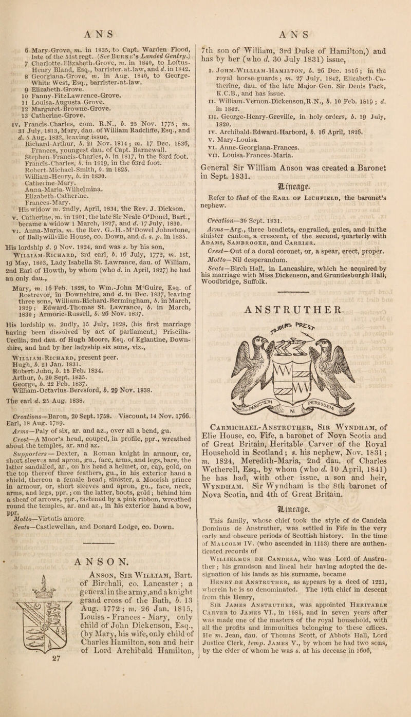 6 Mary-Grove, m. in 1835, to Capt. Warden Flood, late of the 51stregt. (SeeBuRKii’s Landed Gentry.) 7 Charlotte-Elizabeth-Grove, m. in 1840, to Loftus- Henry Bland, Esq., barrister-at-law, and d. in 1842. 8 Georgiana-Grove, m. in Aug. 1840, to George- White West, Esq., barrister-at-law. 9 Elizabeth-Grove. 10 Fanny-FitzLawrence-Grove. 11 Louisa-Augusta-Grove. 12 Margaret-Browne-Grove. 13 Catherine-Grove. IV. Francis-Charles, com. R.N., b. 25 Nov. 1/75j m. 31 July, l8l3,Mar}q dau. of William Radcliffe, Esq., and d. 5 Aug. 1832, leaving issue, Richard-Arthur, 6.21 Nov. 1814 j m. 17 Dec. 1836, Frances, youngest dau. of Capt. Barnewall. Stephen-Francis-Charles, 6. in 1817, in the 63rd foot. Francis-Charles, b. in 1819, in the 63rd foot. Robert-Michael-Smith, b. in 1825. William-Henry, b. in 1830. Catheiine-Mary. Anna-Maria-Wilhelmina. Elizabeth-Catherine. Frances-Mary. His widow m. 2ndly, April, 1834, the Rev. J. Dickson. V. Catherine, m. in 1801, the. late Sir Neale O’Donel, Bart., became a widow 1 March, 1827, and d. 17 July, 1830. VI. Anna-Maria, m. the Rev. G.-H.-M‘Dowel Johnstone, of Ballywillville House, co. Down, and d. s. p, in 1835. Mis lordship d. 9 Nov. 1824, and was s. by his son, William-Richard, 3rd earl, b. l6 July, 1772. 1st, 19 May, 1803, Lady Isabella St. Lawrance, dau. of William, 2nd Earl of Howth, by whom (who d. in April, 1827) he had an only dau., Mary, m. l6 Feb. 1828, to Wm.-John M'Guire, Esq. of Rostrevor, in Downshire, and d. in Dec. 1837, leaving three sons, William-Richard-Bermingham, 6. in March, 1829 ; Edward-Thomas St. Lawrance, b. in March, 1830 ; Armoric-Russell, b. 26 Nov. 1837. His lordship m. 2ndly, 15 July, 1828, (his first marriage Viaving been dissolved by act of parliament,) Priscilla- Cecilia, 2nd dau. of Hugh Moore, Esq. of Eglantine, Down- jhire, and had by her ladyship six sons, viz., William-Richard, present peer. Hugh, b. 21 Jan. 1831. Robert-John, 6. 15 Feb. 1834. Arthur, b. 20 Sept. 1835. George, b. 22 Feb. 1837. William-Octavius-Beresford, b, 29 Nov. 1838. The earl d. 25 Aug. 1838. Creations—Baron, 20 Sept. 1758. Viscount, 14 Nov. 1766. Earl, 18 Aug. 1789. .4rms—Paly of six, ar. and az., over all a bend, gu. Cresf—A Moor’s head, couped, in profile, ppr., wreathed about the temples, ar. and az. Supporters — Dexter, a Roman knight in armour, or, short sleeves and apron, gu., face, arms, and legs, bare, the latter sandalled, ar., on his head a helmet, or, cap, gold, on the top thereof three feathers, gu., in his exterior hand a shield, thereon a female head; sinister, a Moorish prince in armour, or, short sleeves and apron, gu., face, neck, arms, and legs, ppr.; on the latter, boots, gold; behind him a sheaf of arrows, ppr., fastened by a pink ribbon, wreathed round the temples, ar. and az., in his exterior harid a bow, ppr. Motto—Vututis amore. Seofs—CastleweUan, and Donard Lodge, co. Down. ANSON. Anson, Sir William, Bart, of Birchali, co. Lancaster; a general in the army,and aknight grand cross of the Bath, b. 13 Aug. 1772; rn. 26 Jan. 181.5, Louisa - Frances - Mary, only child of John Dickenson, Esq., (by Mary, his wife, only child of Charles Hamilton, son and heir of Lord Archibald Hamilton, 7th son of William, 3rd Duke of Hamilton,) and has by her (who d. 30 July 1831) issue, I. John-William-Hamii.ton, b. 26 Dec, 1S16; in the royal horse-guards ; m. 27 July, 18'i2, Eiizabetb-Ca- therine, dau. of the late Major-Gen. Sir Denis Pack, K.C.B., and has issue. II. William-Vernon-Dickenson,R.N., b. 10 Feb. 1819; d. in 1842. III. George-Henry-Greville, in holy orders, b. 19 July, 1820. IV. Archibald-Edward-Harbord, b. l6 April, 1826. V. Mary-Louisa. VI. Anne-Georgiana-Frances. VII. Louisa-Frances-Maria. General Sir William Anson was created a Baronet in Sept. 1831. iLineage. Refer to that of the Earl of Lichfield, the baronet’s nephew. Creation—30 Sept. 1831, Arms—Arg., three bendlets, engrailed, gules, and in the sinister canton, a crescent, of the second, quarterly with Adams, Sambrooke, and Carrier. Crest—Out of a ducal coronet, or, a spear, erect, proper. Motto—Nil desperandum. Se«fs—Birch Hall, in Lancashire, which he acquired by his marriage with Miss Dickenson, and Grundesburgh Hall, Woodbridge, Suffolk. ANSTRUTHER. Carmichael-Anstruther, Sir Wyndham, of Elie House, co. Fife, a baronet of Nova Scotia and of Great Britain, Heritable Carver of the Royal Household in Scotland; s. his nephew, Nov. 1831; m. 1824, Meredith-Maria, 2nd dau. of Charles Wetherell, Esq., by whom (who c?. 10 April, 1841) he has had, with other issue, a son and heir, Wyndham. Sir Wyndham is the 8th baronet of Nova Scotia, and 4th of Great Britain. Hiitrage. This family, whose chief took the style of de Candela Dominus de Anstruther, was settled in Fife in the very early and obscure periods of Scottish history. In the time of Malcolm IV. (who ascended in 1153) there are authen¬ ticated records of Willielmus de Candela, who was Lord of Anstru- tlier ; his grandson and lineal heir having adopted the de¬ signation of his lands as his surname, became Henry de Anstruther, as appears by a deed of 1221, wlicrein he is so denominated. The 10th chief in descent from this Henry, Sir James Anstruther, was appointed Heritable Carver to James VI., in 1585, and in seven years after was made one of the masters of the royal household, with all the profits and immunities belonging to these offices. He m, Jean, dau. of Thomas Scott, of Abbots Hall, Lord Justice Clerk, temp. James V., by w'hom he had two sons, by the elder of whom he was s. at his decease in l6o6. 27