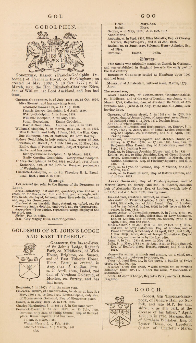 GODOLPHIN. Godolphin, Baron, (Francis-Godolphin Os¬ borne,) of Farnham Royal, co. Buckingham; so created 14 May, 1832; b. 18 Oct. 1777; m. 31 March, 1800, the Hon. Elizabeth-Charlotte Eden, dan. of William, 1st Lord Auckland, and has had issue, George-Godolphin, b. l6 July, 1802; m. 21 Oct. 1824, Miss Stewart, and has surviving issue, George-Godolphin, i. 11 Aug. 1828. Francis-George-Godolphin, b. 6 April, 1830. D’Arcy-Godolphin, b. 14 June, 1834. William-Godolphin, b. 28 Aug. 1835. Susan-Georgiana. Emma-Godolphin. Harriet-Godolphin. Another dau., b. in 1842. William-Godolphin, b. in March, 1804 ; m. 1st, in 1832, Miss E. Smith, and 2ndly, 7 June, 1843, the Hon. Caro line Montague, dau. of Matthew, 4th Lord Rokeby. Sydney-Godolphin, in holy orders, B.A., rector of Dur- weston, CO. Dorset; b. 5 Feb. 1808; m. 29 May, 1834, Emily, dau. of Pascoe Grenfell, Esq. of Taplow House, Bucks, and has issue, Sidney-Francis-Godolphi-n, b. 29 March, 1835. Emily-Caroline-Godolphin. Georgiana-Godolphin. D’Arcy-Godolphin, b. 20 Oct. 1814} m.yApril, 1845, Anne- Katharine, dau. of the Rev. W. Douglas, prebendary of Westminster. Charlotte-Godolphin, m. to Sir Theodore-H.-L. Broad- head, Bart.; and d. in 1838. Huteage. For descent %c. refer to the lineage of the Dukedom of Leeds. Arms—Quarterly: 1st and 4th, quarterly, erm. and az., a cross, or, for Osborne ; 2ud and 3rd, gu., an eagle, with two heads, displayed, between three fleurs-de-lis, two and one, arg., for Godolphin. Crests—1st, an heraldic tiger, statant, or, tufted, sa., for Osborne ; 2nd, a dolphin, embowed, sa., for Godolphin. Supporters—Two eagles, regardant, wings displayed and inverted, arg. Motto—Pax in bello. Seat—Gog Magog Hills, Cambridgeshire. GOLDSMID OF ST. JOHN’S LODGE AND EAST TITHERLY. Goldsmid, Sir Isaac-Lyon, of St. John’s Lodge, Regent’s Park, CO. Middlesex, of Wick House, Brighton, co. Sussex, and of East Titherly House, Hants, Bart., so created in Aug. 1841 ; b. 13 Jan. 1778 ; m. 29 April, 1804, Isabel, 2nd dau. of Abraham Goldsmid, of Morden, co. Surrey, and has had issue, Benjamin, b. in 1807; d. in the same year. Francis-Henry, of Lincoln’s-Inn, barrister-at-law, b. l May, 1808 ; m. 10 Oct. 1839, Louisa-Sophia, only dau. of Moses-Asher Goldsmid, Esq. of Gloucester-place. Daniel, b. in July, 1809 ; d. in Oct. 1815. Chai’les-Harrington, b. in 1811 ; d, in the same year. Frederick-David, b. 31 Jan. 1812; m. 23 July, 1834, Caroline, only dau. of Philip Samuel, Esq. of Bedford- place, Russell-square, and has issue, Julian, b. 8 Oct. 1838. Walter-Henry, b. 17 Feb. 1840. Albert-Abraham b. 9 March, 1841. 436 Helen. Mary-Ada. Isabel. Flora. George, b. in May, 1813 ; d. in Oct. 1815. Anna-Maria. Augusta, m. in Sept. 1835, Elias Mocatta, Esq. of Chester- terrace, Regent’s-park; and d. 23 Jan. 1838. Rachel, m. 24 June, 1840, Solomon-Henry Avigdor, Esq. of Nice. Caroline. Emma. Julia. Hitteage. This family was originally seated at Cassel, in Germany, and was estabhshed in England towards the early part of the last century. Benedict Goldsmid settled at Hamburg circa 1700, and had issue, Moses, d. at Amsterdam, without issue, March, 1779. Aron. The second son, Aron Goldsmid, of Leman-street, Goodman’s-flelds, CO. Middlesex, and of the city of London, merchant, m. in March, 1740, Catherine, dau. of Abraham De Vries, of Am¬ sterdam, M.D., (who d, 24 Aug. 1780,) and d. 3 June, 1782, leaving issue, George, of Leman-street, b. in 1741; m. in 1763, Re- • becca, dau. of Jonas Cohen, of Amersfort, near Utrecht, in Holland ; and d. 11 Dec. 1812, leaving issue, Asher, of whom hereafter. Benjamin, of London, and Roehampton, co. Surrey, b. in May, 1755; m. Jesse, dau. of Israel-Levien Solomons, Esq. of Clapton, co. Middlesex; and d. 11 April, 1808, leaving issue. Abraham, of Finsbury-square, and Morden House, co. Surrey, b. 17 Dec. 1756; m. 17 Jan. 1783, Ann, dau. of Benjamin-Ehas Daniel, Esq. of Amsterdam; and d. 28 Sept. 1810, leaving issue. Pearl, m, to Magnus-Joachim Moses; and d. in 1821. Esther, m. 1st, to Elias Joachim, Esq. of Great Prescot- street, Goodman’s-fields; and 2ndly, 14 March, 1802, Nathan Salomons, Esq. of Finsbury-square; and d. in Jan.1811. PoUy, TO. to Lyon de Symons, Esq. of Vienna, and d. in March, 1841. Sarah, to. to Daniel Eliason, Esq. of Hatton Garden, and d. in Dec. 1833. Asher Goldsmid, Esq. of Finsbury-square, and of Merton Grove, co. Surrey, 2nd son, to. Rachel, dau. and heir of Alexander Keyser, Esq. of London, (which lady d. in 1815,) and d. 1 Nov. 1822, leaving issue, Isaac-Lyon, created a Baronet, as above. Alexander of Tavistock-place, b. Oct. 1770, to. 12 Jan. 1814, Elizabeth, dau. of John Israel, Esq. of London, and by her (who d. in Jan. 1829) he left issue at his de¬ cease, in Jan.1843. Aaron-Asher, of Cavendish.square, b. in June, 1785; to. 19 March, I8I7, Sophia, eldest dau. of Levy Salomons, Esq. of London, and of Frant, co. Sussex, (who d. in April, 1835,) and has issue. Moses-Asher, b. in Jan. 1788 ; to. 1st, 22 Oct. I8I7, Eliza, 2nd dau. of Levy Salomons, Esq. of London, and of Frant aforesaid, which lady d. 28 April, 1837; and 2ndly, 7 Nov. 1839, Sarah, dau. of Joseph Montefiore, Esq. of London, and has issue by his first wife. Anne, b. in Jan. 1782; d. unm. in Nov. 1811. Julia, b. in May, 1783; to. 25 Aug. 1813, to Philip Samuel, Esq. of Bedford-place, Russell-square; and d. in Feb. 1823. Arms—Per saltier, erminois and ermine, on a chief, gu., a goldfinch, ppr., between tw'o roses, or. , Crest—A demi-lion, ar., in the paws, a bundle of twigs erect, or, banded, az. Blottoes—Over the crest, “ Quis similis tui in fortibus domine,” Exod. xv. 11. Under the arms, “Concordia et seduhtate.” Seats—St John’s Lodge, Regent’s Park; and Wick House, Brighton. GOOCH. Gooch, Sir Thomas-Sher¬ lock, of Benacre Hall, co. Suf¬ folk, and late M.P. for that shire; s. as 5th bart., at the decease of his father, 7 April, 1826 ; TO. in 1796, Mariana, dau. of Abraham Whitaker, Esq. of Lyster House, co. Hereford, (sister of Charlotte - Maria,