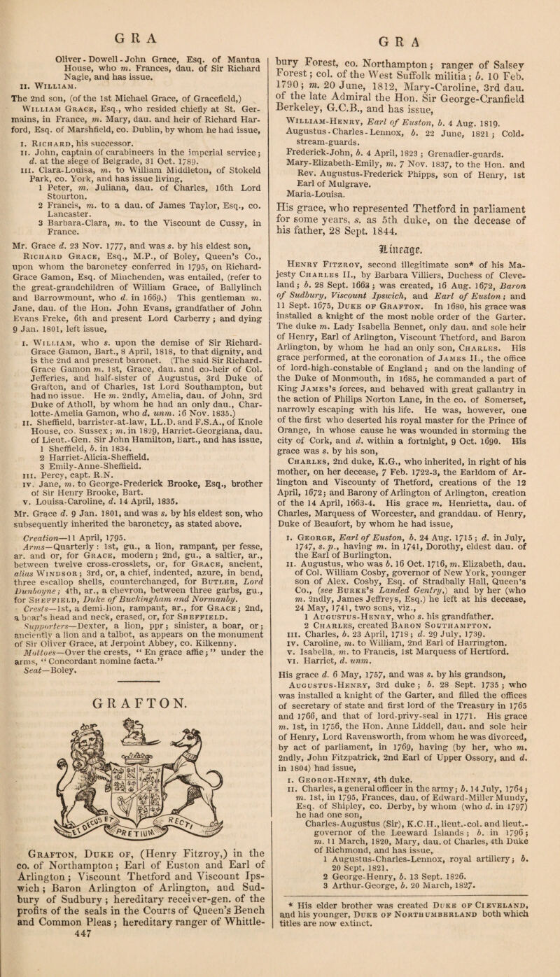 Oliver - Dowell - John Grace, Esq. of Mantua House, who m. Frances, dan. of Sir Richard Nagle, and has issue. II. William. The 2nd son, (of the 1st Michael Grace, of Gracefield,) William Grace, Esq., who resided chiefly at St. Ger¬ mains, in France, rn, Mary, dau. and heir of Richard Har¬ ford, Esq. of Marshfleld, co. Dublin, by whom he had issue, I. Richard, his successor. II. John, captain of carabineers in the imperial service^ d. at the siege of Belgrade, 31 Oct. 1789. in. Clara-Louisa, m. to William Middleton, of Stokeld Park, CO. York, and has issue living, 1 Peter, m. Juliana, dau. of Charles, l6th Lord Stourton. 2 Francis, m. to a dau. of James Taylor, Esq., co. Lancaster. 3 Barbara-Clara, m. to the Viscount de Cussy, in France. Mr. Grace d. 23 Nov. 1777» and was s. by his eldest son, Richard Grace, Esq., M.P., of Boley, Queen’s Co., upon whom the baronetcy conferred in 1795, on Richard- Grace Gamon, Esq. of Minchenden, was entailed, (refer to the great-grandchildren of William Grace, of Ballylinch and Barrowmount, who d. in 1669.) This gentleman m. Jane, dau. of the Hon. John Evans, grandfather of John Evans Freke, 6th and present Lord Carberry; and dying 9 Jan. 1801, left issue, I. William, who s. upon the demise of Sir Richard- Grace Gamon, Bart., 8 April, 1818, to that dignity, and is the 2nd and present baronet. (The said Sir Richard- Grace Gamon m. 1st, Grace, dau. and co-heir of Col. Jefferies, and half-sister of Augustus, 3rd Duke of Grafton, and of Charles, 1st Lord Southampton, but had no issue. He m. 2ndly, Amelia, dau. of John, 3rd Duke of Atholl, by whom he had an only dau., Char¬ lotte-Amelia Gamon, who d. unm. 16 Nov. 1835.) II. Sheffield, barrister-at-law, LL.D. and F.S.A., of Knole House, co. Sussex; m. in 1829, Harriet-Georgiana, dau. of Lieut.-Gen. Sir John Hamilton, Bart., and has issue, 1 Sheffield, b. in 1834. 2 Harriet-Alicia-ShefReld. 3 Eniily-Anne-Sheffield. III. Percy, capt. R.N. IV. Jane, m. to George-Frederick Brooke, Esq., brother of Sir Henry Brooke, Bart. V. Louisa-Caroline, d. 14 April, 1835. Mr. Grace d. 9 Jan. 1801, and was s, by his eldest son, who subsequently inherited the baronetcy, as stated above. Creation—11 April, 1795. A7'ms—Quarterly: 1st, gu., a lion, rampant, per fesse, ar. and or, for Grace, modern; 2nd, gu., a saltier, ar., between twelve cross-crosslets, or, for Grace, ancient, alias Windsor; 3rd, or, a chief, indented, azure, in bend, three escallop shells, counterchanged, for Butler, Lord Dunboyne; 4th, ar., a chevron, between three garbs, gu., for Sheffield, Diilce of Buckingham and Normanby. Crests—1st, a demi-lion, rampant, ar., for Grace; 2nd, a boar’s head and neck, erased, or, for Sheffield. Supporters—Dexter, a lion, ppr; sinister, a boar, or; anciently a lion and a talbot, as appears on the monument of Sir Oliver Grace, at Jerpoint Abbey, co. Kilkenny. Mottoes—Over the crests, “ En grace affie;” under the arms, “ Concordant nomine facta.” Seiri—Boley. GRAFTON. Grafton, Duke of, (Henry Fitzroy,) in the CO. of Northampton ; Earl of Euston and Earl of Arlington ; Viscount Thetford and Viscount Ips¬ wich ; Baron Arlington of Arlington, and Sud¬ bury of Sudbury ; hereditary receiver-gen. of the profits of the seals in the Courts of Queen’s Bench and Common Pleas ; hereditary ranger of Whittle- 447 G R A bury Forest, co. Northampton; ranger of Salsey Forest; col. of the West Suffolk militia; 6. 10 Feb. 1790; m. 20 June, 1812, Mary-Caroline, 3rd dau. of the late Admiral the Hon. Sir George-Cjranfield Berkeley, G.C.B., and has issue, William-Henry, Earl of Euston, b. 4 Aug. I8I9. Augustus - Charles - Lennox, b. 22 June, 1821; Cold- stream-guards. Frederick-John, b. 4 April, 1823 ; Grenadier-guards. Mary-Elizabeth-Emily, m. 7 Nov. 1837, to the Hon. and Rev. Augustus-Frederick Phipps, son of Henry, 1st Earl of Mulgrave. Maria-Louisa. His grace, who represented Thetford in parliament for some years, s. as 5th duke, on the decease of his father, 28 Sept. 1844. iLturage. Henry Fitzroy, second illegitimate son* of his Ma¬ jesty Charles IL, by Barbara Villiers, Duchess of Cleve¬ land; b. 28 Sept. 1663 ; was created, 16 Aug. 1672, Baron of Sudbury, Viscount Ipswich, and Earl of Euston; and 11 Sept. 1675, Duke of Grafton. In 168O, his grace was installed a knight of the most noble order of the Garter. The duke m. Lady Isabella Bennet, only dau. and sole heir of Henry, Earl of Arlington, Viscount Thetford, and Baron Arlington, by whom he had an only son, Charles. His grace performed, at the coronation of James II., the office of lord-high-constable of England ; and on the landing of the Duke of Monmouth, in 1685, he commanded a part of King James’s forces, and behaved with great gallantry in the action of Philips Norton Lane, in the co. of Somerset, narrowly escaping with his life. He was, however, one of the first who deserted his royal master for the Prince of Orange, in whose cause he was wounded in storming the city of Cork, and d. within a fortnight, 9 Oct. 1690. His grace was s. by his son, Charles, 2nd duke, K.G., who inherited, in right of his mother, on her decease, 7 Feb. 1722-3, the Earldom of Ar¬ lington and Viscounty of Thetford, creations of the 12 April, 1672; and Barony of Arlington of Arlington, creation of the 14 April, 1663-4. His grace m. Henrietta, dau. of Charles, Marquess of Worcester, and granddau. of Henry, Duke of Beaufort, by whom he had issue, I. George, Earl of Euston, b. 24 Aug. 1715 ; d, in July, 1747, s.p., having m. in 1741, Dorothy, eldest dau. of the Earl of Burlington. II. Augustus, who was b, 16 Oct. 1716, m, Elizabeth, dau. of Col. WiUiam Cosby, governor of New York, younger son of Alex. Cosby, Esq. of Stradbally Hall, Queen’s Co., {see Burke’s Landed Gentry,) and by her (who m. 2ndly, James Jeffreys, Esq.) he left at his decease, 24 May, 1741, two sons, viz., 1 Augustus-Henry, who s. his grandfather. 2 Charles, created Baron Southampton. III. Charles, b. 23 April, 1718; d. 29 July, 1739. IV. Caroline, m. to William, 2nd Earl of Harrington. V. Isabella, m. to Francis, 1st Marquess of Hertford. VI. Harriet, d. unm. His grace d. 6 May, 1757. and was s. by his grandson, Augustus-Henry, 3rd duke; b, 28 Sept. 1735 ; who was histalled a knight of the Garter, and filled the offices of secretary of state and first lord of the Treasury in 1765 and 1766, and that of lord-privy-seal in 1771. His grace m. 1st, in 1756, the Hon. Anne Liddell, dau. and sole heir of Henry, Lord Ravensworth, from whom he was divorced, by act of parliament, in 1769, having (by her, who m. 2ndly, John Fitzpatrick, 2nd Earl of Upper Ossory, and d. in 1804) had issue, I. George-Henry, 4th duke. II. Charles, a general officer in the army; b. 14 July, 1764; m. 1st, in 1795, Frances, dau. of Edward-Miller Mundy, Esq. of Shipley, co. Derby, by whom (who d, in 1797) he bad one son, Charles-Augustus (Sir), K.C.H.,lieut.-col. andlieut.- governor of the Leeward Islands; b. in 1796 ; m. 11 March, 1820, Mary, dau. ot Charles, 4th Duke of Richmond, and has issue, 1 Augustus-Charles-Lennox, royal artillery; b. 20 Sept. 1821. 2 George-Henry, b. 13 Sept. 1826. 3 Arthur-George, b, 20 March, 1827. * His elder brother was created Duke ofCieveland, and his younger, Duke of Northumberland both which titles are now extinct.