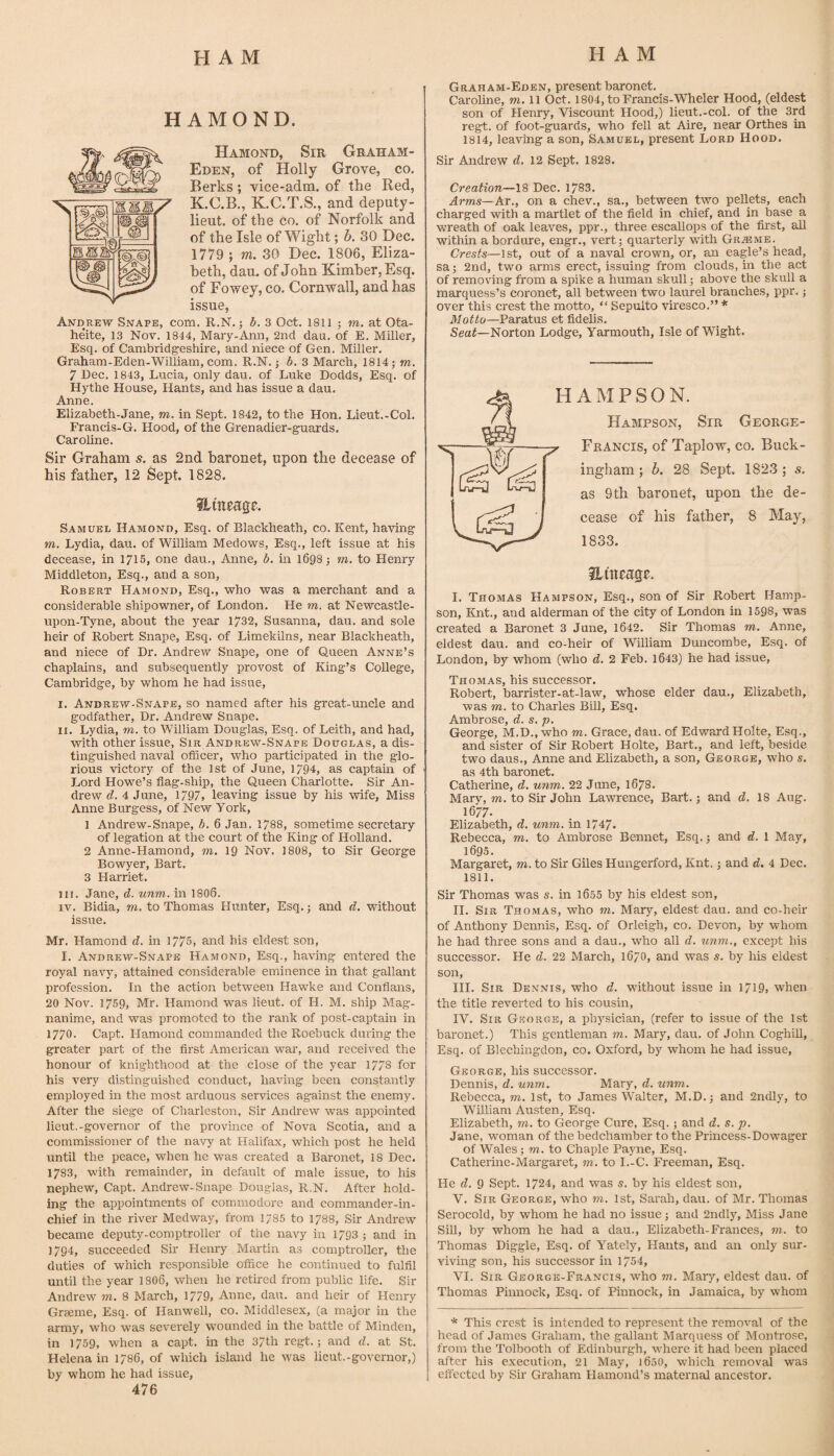 H AMOND. Hamond, Sir Ghaham- Eden, of Holly Grove, co. Berks; vice-adm. of the Red, K.C.B., K.C.T.S., and deputy- lieut. of the co. of Norfolk and of the Isle of Wight; h. 30 Dec. 1779 ; m. 30 Dec. 1806, Eliza¬ beth, dan. of John Kimher, Esq. of Fowey, co. Cornwall, and has issue, Andrew Snare, com. R.N.; b. 3 Oct. 1811 j m. at Ota- heite, 13 Nov. 1844, Mary-Ann, 2Dd dau. of E. Miller, Esq. of Cambridg'eshire, and niece of Gen. Miller. Graham-Eden-William, com. R.N. j b. 3 March, 1814 j m, 7 Dec. 1843, Lucia, only dau. of Luke Dodds, Esq. of Hythe House, Hants, and has issue a dau. Anne. Elizaheth-Jane, m. in Sept. 1842, to the Hon. Lieut.-Col. Francis-G. Hood, of the Grenadier-guards. Carohne. Sir Graham s. as 2nd baronet, upon the decease of his father, 12 Sept. 1828. iLmeage. Samuel Hamond, Esq. of Blackheath, co. Kent, havmg m. Lydia, dau. of William Medows, Esq., left issue at his decease, in 1715, one dau., Anne, b, in 1698; to. to Henry Middleton, Esq., and a son, Robert Hajmond, Esq., who was a merchant and a considerable shipowner, of London. He to. at Newcastle- upon-Tyne, about the year 1732, Susanna, dau. and sole heir of Robert Snape, Esq. of Limekilns, near Blackheath, and niece of Dr. Andrew Snape, one of Queen Anne’s chaplains, and subsequently provost of King’s College, Cambridge, by whom he had issue, r. Andrbw-Snape, so named after his great-uncle and godfather. Dr. Andrew Snape. II. Lydia, to. to William Douglas, Esq. of Leith, and had, with other issue. Sir Andrew-Snape Douglas, a dis¬ tinguished naval officer, who participated in the glo¬ rious victory of the 1st of June, 1794, as captain of Lord Howe’s flag-ship, the Queen Charlotte. Sir An¬ drew d. 4 June, 1797, leaving issue by his vsife. Miss Anne Burgess, of New York, 1 Andrew-Snape, b. 6 Jan. 1788, sometime secretary of legation at the court of the King of Holland. 2 Anne-Hamond, to. 19 Nov. 1808, to Sir George Bowyer, Bart. 3 Harriet. HI. Jane, d. unm. in I8O6. IV. Bidia, to. to Thomas Hunter, Esq. j and d. without issue. Mr. Hamond d. in 1775, and his eldest son, I. Andrew-Snape Hamond, Esq., having entered the royal navy, attained considerable eminence in that gallant profession. In the action between Hawke and Conflans, 20 Nov. 1759, Mr. Hamond was lieut. of H. M. ship Mag- nanime, and was promoted to the rank of post-captain in 1770. Capt. Hamond commanded the Roebuck during the greater part of the first American war, and received the honour of knighthood at the close of the year 1778 for his very distinguished conduct, having been constantly employed in the most arduous services against the enemy. After the siege of Chsirleston, Sir Andrew was appointed lieut.-governor of the province of Nova Scotia, and a commissioner of the navy at Halifax, which post he held until the peace, when he was created a Baronet, 18 Dec. 1783, with remainder, in default of male issue, to his nephew, Capt. Andrew-Snape Douglas, R.N. After hold¬ ing the appointments of commodore and commander-in- chief in the river Medway, from 1785 to 1788, Sir Andrew became deputy-comptroller of the navy in 1793 ; and in 1794, succeeded Sir Henry Martin as comptroller, the duties of which responsible office he continued to fulfil until the year ISO6, when he retired from public life. Sir Andrew to. 8 March, 1779, Anne, dau. and heir of Henry Graeme, Esq. of Hanwell, co. Middlesex, (a major in the army, who was severely wounded in the battle of Minden, in 1759, when a capt. in the 37th regt.; and d. at St. Helena in 1786, of which island he was lieut.-governor,) by whom he had issue, 476 Graham-Eden, present haronet. Caroline, to. 11 Oct. 1804, to Francis-Wheler Hood, (eldest son of Henry, Viscount Hood,) lieut.-col. of the 3rd regt. of foot-guards, who fell at Aire, near Orthes in 1814, leaving a son, Samuel, present Lord Hood. Sir Andrew d, 12 Sept. 1828. Creation—18 Dec. 1783. Arms—Ar., on a chev., sa., between two pellets, each charged with a martlet of the field in chief, and in base a wreath of oak leaves, ppr., three escallops of the first, all within a bordure, engr., vertj quarterly with Gr^mb. Crests—1 st, out of a naval crown, or, an eagle’s head, sa; 2nd, two arms erect, issuing from clouds, in the act of removing from a spike a human skull; above the skull a marquess’s coronet, all between two laurel branches, ppr.; over this crest the motto, “ Sepulto viresco.” * Motto—Paratus et fidelis. Seat—Norton Lodge, Yarmouth, Isle of Wight. HAMPSON. Hampson, Sir George- Francis, of Taplow, co. Buck¬ ingham ; b. 28 Sept. 1823 ; s. as 9th haronet, upon the de¬ cease of his father, 8 May, 1833. ilincage. I. Thomas Hampson, Esq., son of Sir Robert Hamp¬ son, Knt., and alderman of the city of London in 1698, was ci’eated a Baronet 3 June, 1642. Sir Thomas to. Anne, eldest dau. and co-heir of William Duncombe, Esq. of London, by whom (who d. 2 Feb. 1643) he had issue, Thomas, his successor. Robert, barrister-at-law, whose elder dau., Elizabeth, was TO. to Charles BUI, Esq. Ambrose, d. s, p, George, M.D., who to. Grace, dau. of Edward Holte, Esq., and sister of Sir Robert Holte, Bart., and left, beside two daus., Anne and Elizabeth, a son, George, who s. as 4th haronet. Catherine, d. unm. 22 Jime, 1678. Mary, to. to Sir John Lawrence, Bart.; and d. 18 Aug. 1677. Elizabeth, d. unm. in 1747. Rebecca, to. to Ambrose Bennet, Esq.; and d. 1 May, 1695. Margaret, to. to Sir Giles Hungerford, Knt.; and d. 4 Dec. 1811. Sir Thomas was s. m 1655 hy his eldest son, II. Sir Thomas, who to. Marj’’, eldest dau. and co-heir of Anthony Dennis, Esq. of Orleigh, co. Devon, hy whom he had three sons and a dau., who all d. unm., except his successor. He d. 22 March, 1670, and was s. by his eldest son, III. Sir Dennis, who d. without issue in 1719, when the title reverted to his cousin, IV. Sir George, a physician, (refer to issue of the 1st baronet.) This gentleman to. Mary, dau. of John Coghill, Esq. of Blechingdon, co. Oxford, by whom he had issue, George, his successor. Dennis, d. unm. Mar}', d. unm. Rebecca, to. 1st, to James Walter, M.D.; and 2ndly, to Williara Austen, Esq. Elizabeth, to. to George Cure, Esq. ; and d. s. p. Jane, woman of the bedchamber to the Princess-Dowager of Wales ; TO. to Chaple Payne, Esq. Catherme-Margaret, to. to I.-C. Freeman, Esq. He d. 9 Sept. 1724, and was s. by his eldest son, V. Sir George, who to. 1st, Sarah, dau. of Mr. Thomas Serocold, by whom he had no issue; and 2ndly, Miss Jane Sill, by whom he had a dau., Elizabeth-Frances, to. to Thomas Diggle, Esq. of Yately, Hants, and an only sur¬ viving son, his successor in 1754, VI. Sir George-Francis, who to. Mary, eldest dau. of Thomas Pinnock, Esq. of Pinnock, in Jamaica, by whom * This crest is intended to represent the removal of the head of James Graham, the gallant Marquess of Montrose, from the Tolbooth of Edinburgh, where it had been placed after his execution, 21 May, i650, which removal was effected by Sir Graham Hamond’s maternal ancestor.