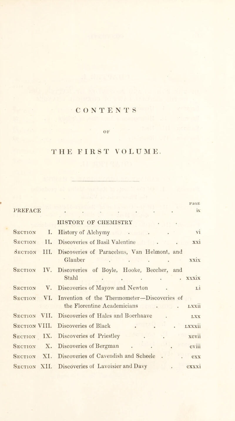 OF T H E FIRS T V O L U M E. PA(iE PREFACE ix HISTORY OF CHEMISTRY Section I. History of Alchymy vi Section IT. Discoveries of Basil Valentine xxi Section III. Discoveries of Paracelsus, Van Helmont, and Glauber .... xxix Section IV. Discoveries of Boyle, Hooke, Beecher, and Stahl ..... xxxix Section V. Discoveries of Mayow and Newton Li Section VI. Invention of the Thermometer—Discoveries of the Florentine Academicians Lxxii Section VIT. Discoveries of Hales and Boerhaave LXX Section VIII. Discoveries of Black Lxxxii Section IX. Discoveries of Priestley xcvii Section X. Discoveries of Bergman cviii Section XI. Discoveries of Cavendish and Scheele . exx