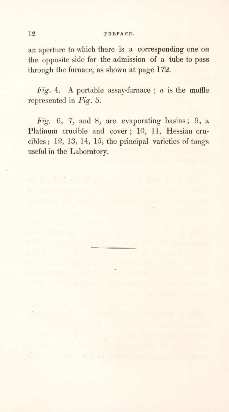 an aperture to which there is a corresponding one on the opposite side for the admission of a tube to pass through the furnace, as shown at page 172. Fig, 4. A portable assay-furnace ; a is the muffle represented in Fig, 5, Fig, 6, 7, and 8^ are evaporating basins; 9, a Platinum crucible and cover; 10, 11, Hessian cru- cibles; 12, 13, 14, 15, the principal varieties of tongs useful in the Laboratory.