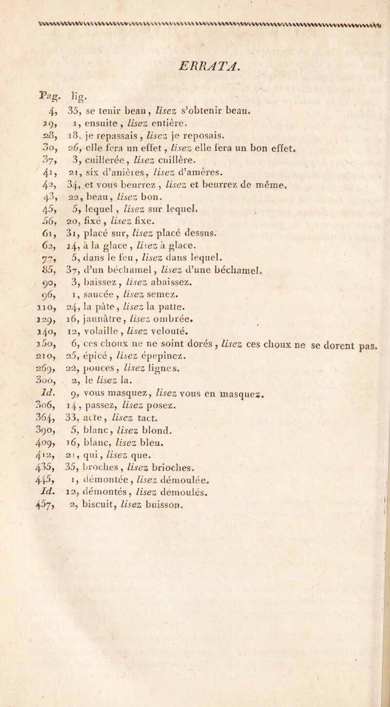 ERRATA. Pag. Kg. 4, 35, se tenir beau, lisez s’obtenir beau. 39, i, ensuite, Lisez entière. 28, 18, je repassais , lisez je reposais. 3o, 26, elle fera un effet, Lisez elle fera un bon effet, 3y, 3, cuillerée, lisez cuillère. 41, 21, sis d’anières,, lisez d’amères. 42, 34, et vous beurrez , lisez et beurrez de même, 43, 22, beau, Lisez bon. 45, 5, lequel, lisez sur lequel. 56, 20, fixé , lisez fixe. 61, 3i, placé sur, lisez placé dessus. 62, j4? à la glace , Lisez à glace. 77, 5, dans le feu, lisez dans lequel. 85, 37, d’un béchamel, lisez d’une béchamel. 90, 3, baissez, Lisez abaissez. 96, 1, saucée , Lisez semez. 110, 24, la pâte , lisez la patte. 129, 16, jaunâtre, Lisez ombrée. 340, 12, volaille , Lisez velouté. i5o, 6, ces choux ne ne soint dorés , lisez ces choux ne se dorent pas, 210, 25, épicé, lisez épepinez. 269, 2â, pouces, lisez lignes. 3oo, 2, le Lisez la. Id. 9, vous masquez, lisez vous en masques. 3o6, 14 , passez, lisez posez. 364, 33, acte, lisez tact. 090, 5, blanc, lisez blond. 4°9> 16, blanc, lisez bleu. 412, 21, qui, lisez que. 435, 35, broches , lisez brioches. 445, 1, démontée, lisez démoulée. Id. 12, démontés, lisez démoulés. 467, 2, biscuit, lisez buisson.