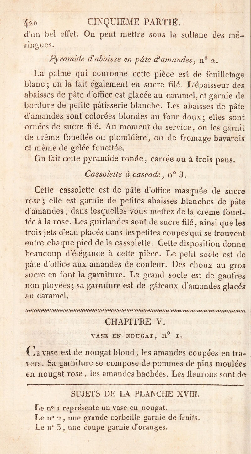 d’un bel effet. On peut mettre sous la sultane des me- ringues. Pyramide d’abaisse en pâte d'amandes, n° 2. La palme qui couronne cette pièce est de feuilletage blanc} on la fait également en sucre filé. L’épaisseur des abaisses de pâte d’office est glacée au caramel, et garnie de bordure de petite pâtisserie blanche. Les abaisses de pâte d’amandes sont colorées blondes au four doux 5 elles sont ornées de sucre filé. Au moment du service, on les garnit de crème fouettée ou plombière, ou de fromage bavarois et même de gelée fouettée. O11 fait cette pyramide ronde, carrée ou à trois pans. Cassolette à cascade, n° 3. Cette cassolette est de pâte d’office masquée de sucre rose 3 elle est garnie de petites abaisses blanches de pâte d’amandes , dans lesquelles vous mettez de la crème fouet- tée à la rose. Les guirlandes sont de sucre filé, ainsi que les trois jets d’eau placés dans les petites coupes qui se trouvent entre chaque pied de la cassolette. Cette disposition donne beaucoup d’élégance à cette pièce. Le petit socle est de pâte d’office aux amandes de couleur. Des choux au gros sucre en font la garniture. Le grand socle est de gaufres non ployées 5 sa garniture est de gâteaux d’amandes glacés au caramel. AWVVVVVVVVVVVWV\A/VVVVV\/VVVVV\/VV\fVVVVV\M^VV\f\\/V\'V\*\/VVVVVVV\>VVVVV\/VV>/VV^/VV\'VV\'VVVVVVVVVVWV\ CHAPITRE V. I VASE EN NOUGAT, 11° I. Ce vase est de nougat blond , les amandes coupées en tra- vers. Sa garniture se compose de pommes de pins moulées en nougat rose , les amandes hachées. Les fleurons sont de SUJETS DE LA PLANCHE XVIIh Le n° i représente un vase en nougat. Le u® 2, une grande corbeille garnie de fruits. Le n° 5, une coupe garnie d’oranges.