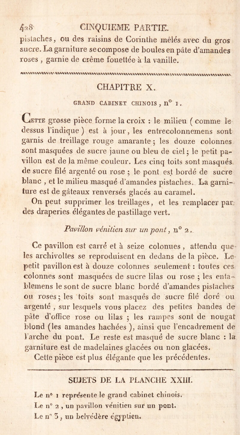 pistaches, ou des raisins de Corinthe mêlés avec du gros sucre. La garniture se compose de boules en pâte d’amandes roses , garnie de crème fouettée à La vanille. WWVMW/VM.W /VWVV\/VVVVtyVVVVVVVWVVV\<VV\/VV\IVV\ft/VVVVV\'\/VV\/\/î*f\/V>rt 1^WV\/VVWVVVVVVV\'VV*/VVV/VVy CHAPITRE X. GRAND CABINET CHINOIS , 11° î . Cjette grosse pièce forme la croix : le milieu ( comme le dessus l’indique ) est à jour, les enirecolonnemens sont garnis de treillage rouge amarante ; les douze colonnes sont masquées de sucre jaune ou bleu de ciel - le petit pa- villon est de la même couleur. Les cinq toits sont masqués de sucre filé argenté ou rose ; le pont est bordé de sucre blanc , et le milieu masqué d’amandes pistaches, La garni- ture est de gâteaux renversés glacés au caramel. On peut supprimer les treillages, et les remplacer par des draperies élégantes de pastillage vert. Pavillon vénitien sur un pont, n° 2, Ce pavillon est carré et à seize colonnes , attendu que les archivoltes se reproduisent en dedans de la pièce. Le petit pavillon est à douze colonnes seulement : toutes ces colonnes sont masquées de sucre lilas ou rose ; les enta- blemens le sont de sucre blanc bordé d’amandes pistaches ou roses; les toits sont masqués de sucre filé doré ou argenté , sur lesquels vous placez des petites bandes de pâte d’office rose ou lilas ; les rampes sont de nougat blond (les amandes hachées ), ainsi que l’encadrement de F arche du pont. Le reste est masqué de sucre blanc : la garniture est de madelaines glacées ou non glacées. Cette pièce est plus élégante que les précédentes. SUJETS DE LA PLANCHE XXIII. Le n° 1 représente le grand cabinet chinois. Le n° 2 , un pavillon vénitien sur un pont. Le n° 5 ; un belvédère égyptien.