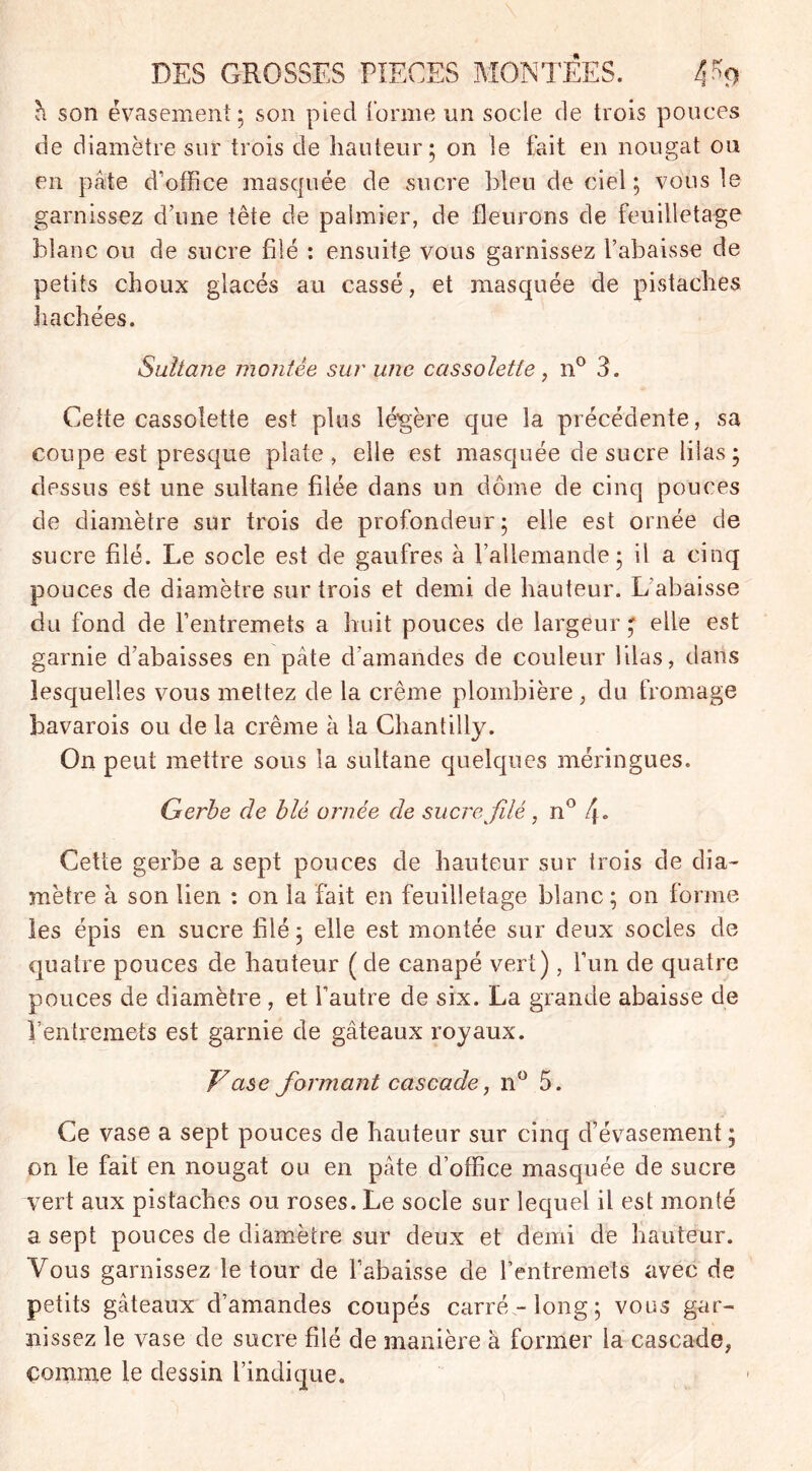 a son évasement; son pied forme un socle de trois pouces de diamètre sur trois de hauteur; on le fait en nougat ou en pâte d’office masquée de sucre bleu de ciel; vous le garnissez d’une tête de palmier, de fleurons de feuilletage blanc ou de sucre filé : ensuite vous garnissez l’abaisse de petits choux glacés au cassé, et masquée de pistaches hachées. Sultane montée sur une cassolette, n° 3. Cette cassolette est plus légère que la précédente, sa coupe est presque plate, elle est masquée de sucre lilas ; dessus est une sultane filée dans un dôme de cinq pouces de diamètre sur trois de profondeur; elle est ornée de sucre filé. Le socle est de gaufres à l’allemande; il a cinq pouces de diamètre sur trois et demi de hauteur. L'abaisse du fond de l’entremets a huit pouces de largeur' elle est garnie d’abaisses en pâte d'amandes de couleur lilas, dans lesquelles vous mettez de la crème plombière , du fromage bavarois ou de la crème à la Chantilly. On peut mettre sous la sultane quelques méringues. Gerbe de blé ornée de sucre filé, n° 4» Cette gerbe a sept pouces de hauteur sur trois de dia- mètre à son lien : on la fait en feuilletage blanc ; on forme les épis en sucre filé ; elle est montée sur deux socles de quatre pouces de hauteur ( de canapé vert), l’un de quatre pouces de diamètre , et l’autre de six. La grande abaisse de l’entremets est garnie de gâteaux royaux. Vase formant cascade, n° 5. Ce vase a sept pouces de hauteur sur cinq d’évasement ; on le fait en nougat ou en pâte d’office masquée de sucre vert aux pistaches ou roses. Le socle sur lequel il est monté a sept pouces de diamètre sur deux et demi de hauteur. Vous garnissez le tour de l’abaisse de l’entremets avec de petits gâteaux d’amandes coupés carré-long; vous gar- nissez le vase de sucre filé de manière à former la cascade, comme le dessin l’indique. i