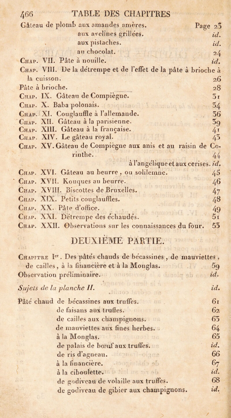 Page 25 id. id. 24 id. 466 TABLE DES CHAPITRES Gâteau de plomb aux amandes amères. aux avelines grillées. . aux pistaches, au chocolat. Chap. VII. Pâte à nouille. Chap. VIÎI. De la détrempe et de l’effet de la pâte à brioche à la cuisson. 26 Pâte à brioche. 28 Chap. IX. Gâteau de Compiègtie. 5r Ciiap. X. Baba polonais. 34 Chap. XI. Couglauffle à l’allemande. 36 Ciiap. XII. Gâteau à la parisienne. 5g Chap. XIU. Gâteau à la française. 4T Chap. XIV. Le gâteau royal. 45 Ciiap. XV. Gâteau de Compiègne aux anis et au raisin de Co- rinthe. 44 à l’angélique et aux cerises, id. Chap. XVI. Gâteau au beurre , ou solilemne. 45 Chap. XVII. Kouques au beurre. 46 Chap. XVIII. Biscottes de Bruxelles. 47 Chap. XiX. Petits couglauffl.es. 4^ Chap. XX. Pâle d’office. 49 Chap. XXL Détrempe des échaudés* 5i Chap. XXII. Observations sur les connaissances du four. 55 DEUXIEME PARTIE. Chapitre Ier. Des pâtés chauds de bécassines , de mauviettes , de cailles , à la financière et à la Monglas. 69 Observation préliminaire. id. Sujets de la planche II. id. Pâté chaud de bécassines aux truffes. 61 de faisans aux truffes. 62 de cailles aux champignons. 65 de mauviettes aux fines herbes. 64 à la Monglas. 65 de palais de bœuf aux truffes. id. de ris d’agneau. 66 à la financière. 67 à la ciboulette. id. de godiveau de volaille aux truffes. 68 de godiveau de gibier aux champignons. id. /