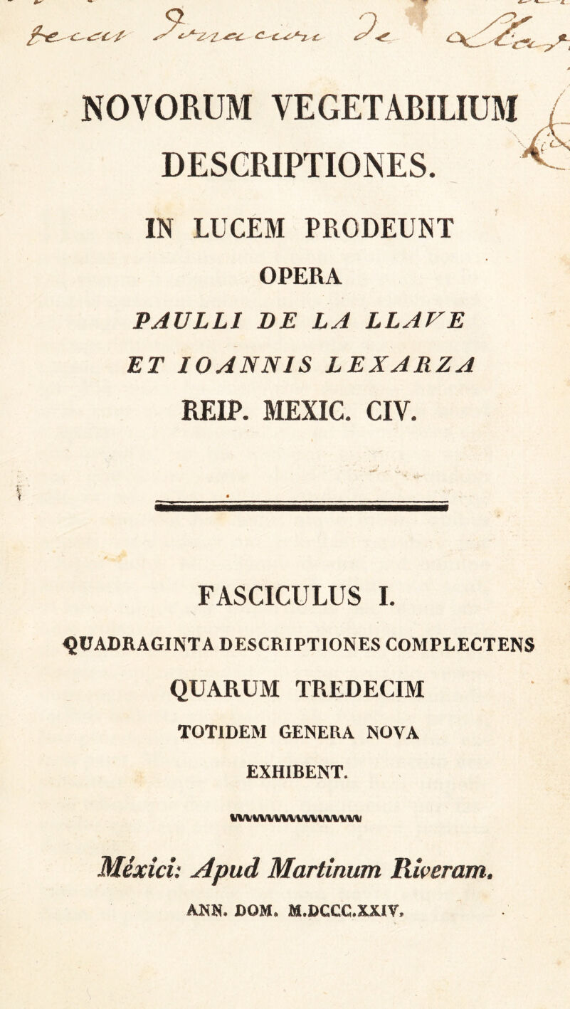 NOVORUM VEGETABILIUM DESCRIPTIONES. IN LUCEM PRODEUNT OPERA PAULLI BE LA LLAVE ET IO ANNIS LEXARZA REIP. MEXIC. CIV. FASCICULUS I. QUADRAGINTA DESCRIPTIONES COMPLECTENS QUARUM TREDECIM TOTIDEM GENERA NOVA EXHIBENT. Mexici: Apud Martinum Riveram. ANN. DOM. M.DCCC.XXIV,