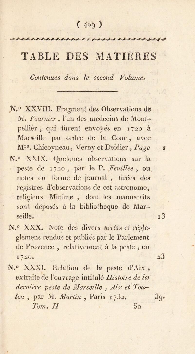 TABLE DES MATIÈRES Contenues dans le second Volume* ÎNu° XXVIII. Fragment des Observations uô Mé Fournier, F un des médecins de Mont¬ pellier , qui furent envoyés en 1720 à Marseille par ordre de la Cour ? avec Mrs. Chicoyneau, Verny et Deidier , Page t N.° XXIX. Quelques observations sur la peste de 1720 ^ par le P. Feuillée , ou notes en forme de journal , tirées des registres d’observations de cet astronome, religieux Minime , dont les manuscrits sont déposés à la bibliothèque de Mar¬ seille. 13 N.° XXX. Note des divers arrêts et régie- glemens rendus et publiés par le Parlement de Provence 5 relativement à la peste $ en 1720. 2 N.° XXXI. Relation de la peste d’Aix , extraite de l’ouvrage intitulé Histoire de lœ dernière peste de Marseille , Aix et Tou¬ lon ? par M. Martin , Paris 1732. 3cp Tom. H . 62