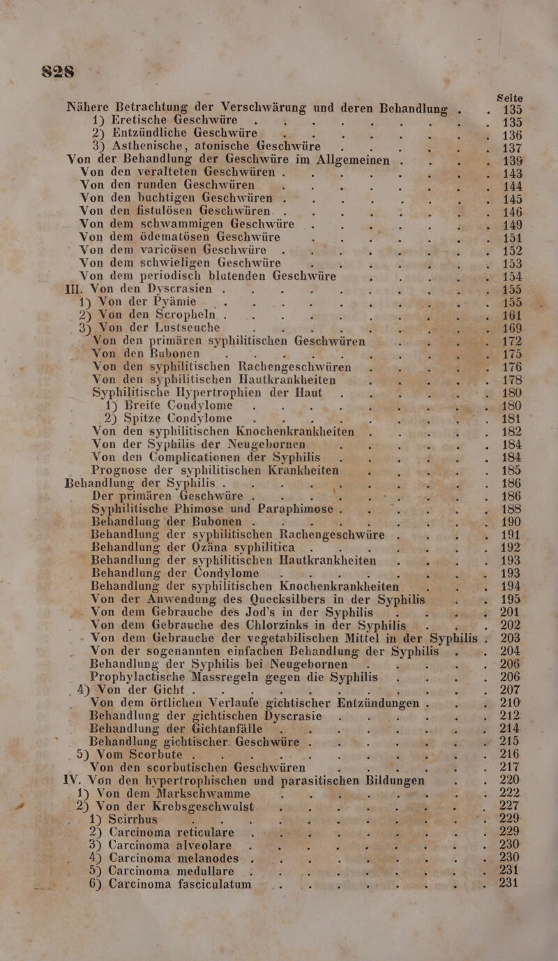 S28 Nähere Betrachtung der Verschwärung und deren NETTE - 1) Eretische Geschwüre ; 2 | , k 2) Entzündliche Geschwüre 3) Asthenische, atonische Geschwüre : Von der Behandlung der Geschwüre im Allgemeinen Ä - Von den veralteten Geschwüren . x i e 5 ; h Von den runden Geschwüren . \ ® Von den buchtigen Geschwüren . Von den fistulösen Geschwüren Von dem schwammigen Geschwüre Von dem ödematösen Geschwüre Von dem varicösen Geschwüre Von dem schwieligen Geschwüre Von dem periodisch blutenden Geschwüre II. Von den Dyscrasien . 1) Von der Pyämie .. ’ &gt; &amp; ; R 2) Von den Scropheln i . ! P i 3) Von der Lustseuche er } r Von den primären syphilitischen Geschwüren. : ar 7 Von den Bubonen Von den syphilitischen Rachengeschwüren Von den syphilitischen Hautkrankheiten Syphilitische Hypertrophien der Haut 1) Breite Condylome 2) Spitze Condylome Von den syphilitischen Knochenkrankheiten Von der Syphilis der Neugebornen i ; \ { Von den Complicationen der Syphilis . ; ; i Prognose der syphilitischen Krankheiten k Behandlung der Syphilis . A Der primären Geschwüre . Syphilitische Phimose und Paraphimose . Behandlung ‘der Bubonen . Behandlung der syphilitischen Rachengeschwüre Behandlung der Ozäna syphilitica Behandlung der syphilitischen Hautkrankheiten Behandlung der CGondylome Behandlung der syphilitischen Knochenkrankheiten Von der Anwendung des Quecksilbers in der Sypläkie Von dem Gebrauche des Jod’s in der Syphilis Von dem Gebrauche des Chlorzinks in der Syphilis N, Von der sogenannten einfachen Behandlung der STB Behandlung der Syphilis bei Neugebornen . Prophylactische Massregeln gegen die Syphilis . 4) Von der Gicht . N Von dem örtlichen Verlaufe sichtischer Entzündungen . Behandlung der gichtischen Dyscrasie 3 Behandlung der Gichtanfälle , x Behandlung gichtischer. Geschwüre . .9) Vom Scorbute . i Von den scorbutischen Geschwüren. IV. Von den hypertrophischen und parasitischen Bildungen 1) Von dem Markschwamme 5 z ; . 2) Von der Krebsgeschwulst . 9) Seirrhus- h i 2) Carcinoma reticulare ; es ; ’ R 3) Carcinoma alveolare 4) Carcinoma melanodes 9) Carcinoma medullare 6) Carcinoma fasciculatum Seite 135 135 136 137 139 143 144 145 146 149 151 152 153 154 155 1599 161 172 175 176 175 180 180 181 182 184 184 185 186 186 188 190 191 192 193 193 194 195 201 202 203 204 206 206 207 210 212 214 215 216 217 220 222 227 22% 229 230 230 231 231