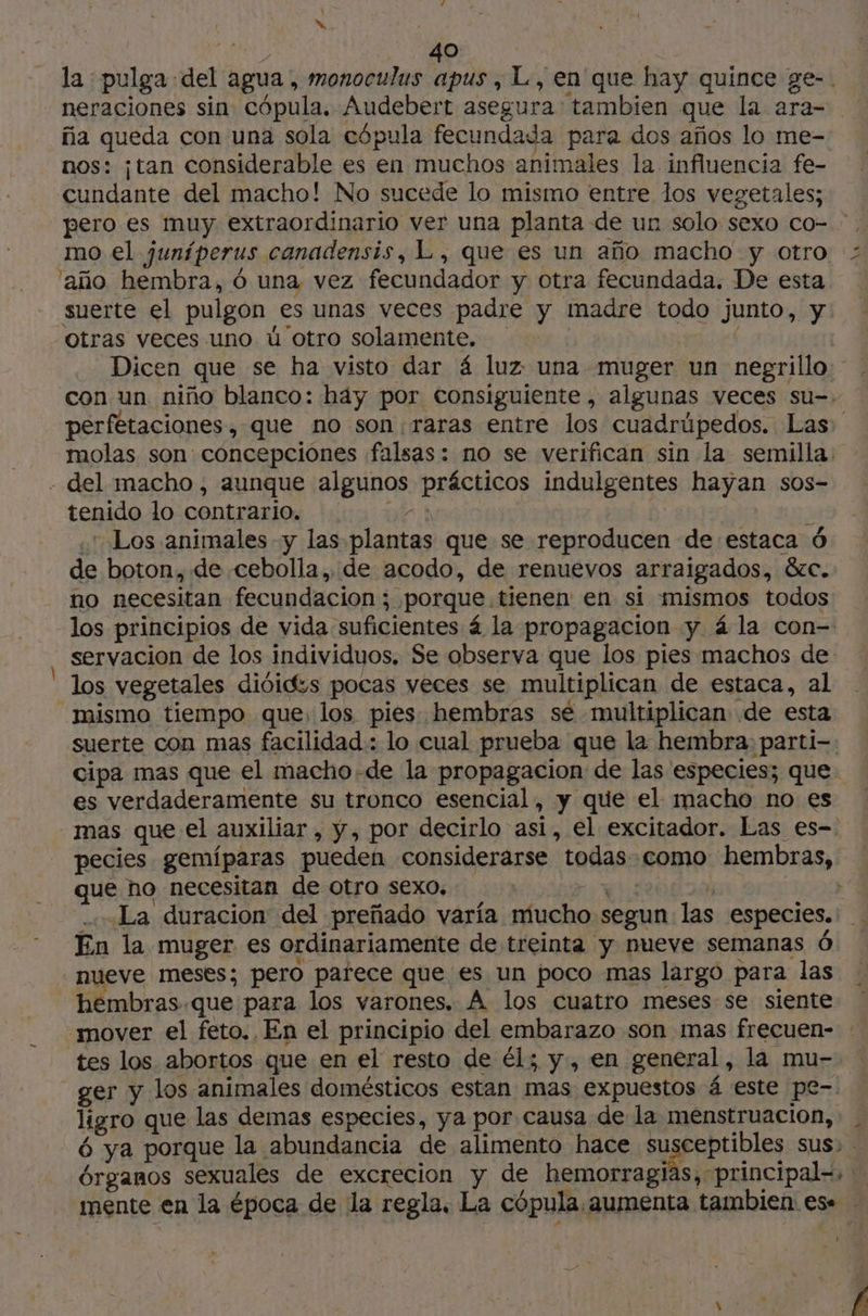 A vs ña queda con una sola cópula fecundada para dos años lo me- nos: ¡tan considerable es en muchos animales la influencia fe- cundante del macho! No sucede lo mismo entre los vegetales; 'año hembra, 6 una vez fecundador y otra fecundada. De esta Otras veces uno ú otro solamente. - del macho, aunque algunos prácticos indulgentes hayan sos- tenido lo contrario. | | 4 . Los animales y las plantas que se reproducen de estaca 6 de boton, de cebolla, de acodo, de renuevos arraigados, &cc. no necesitan fecundación ; porque tienen en si mismos todos los principios de vida suficientes 4 la propagacion y 4 la con- servacion de los individuos. Se observa que los pies machos de los vegetales dioids pocas veces se multiplican de estaca, al mismo tiempo que, los pies. hembras se multiplican de esta es verdaderamente su tronco esencial, y que el macho no es pecies gemíparas pueden considerarse todas como hembras, que no necesitan de otro sexo, | En la muger es ordinariamente de treinta y nueve semanas 6 | nueve meses; pero parece que es un poco mas largo para las hembras que para los varones. A los cuatro meses se siente ger y los animales domésticos estan mas expuestos 4 este pe- ligro que las demas especies, ya por causa de la menstruacion, y das