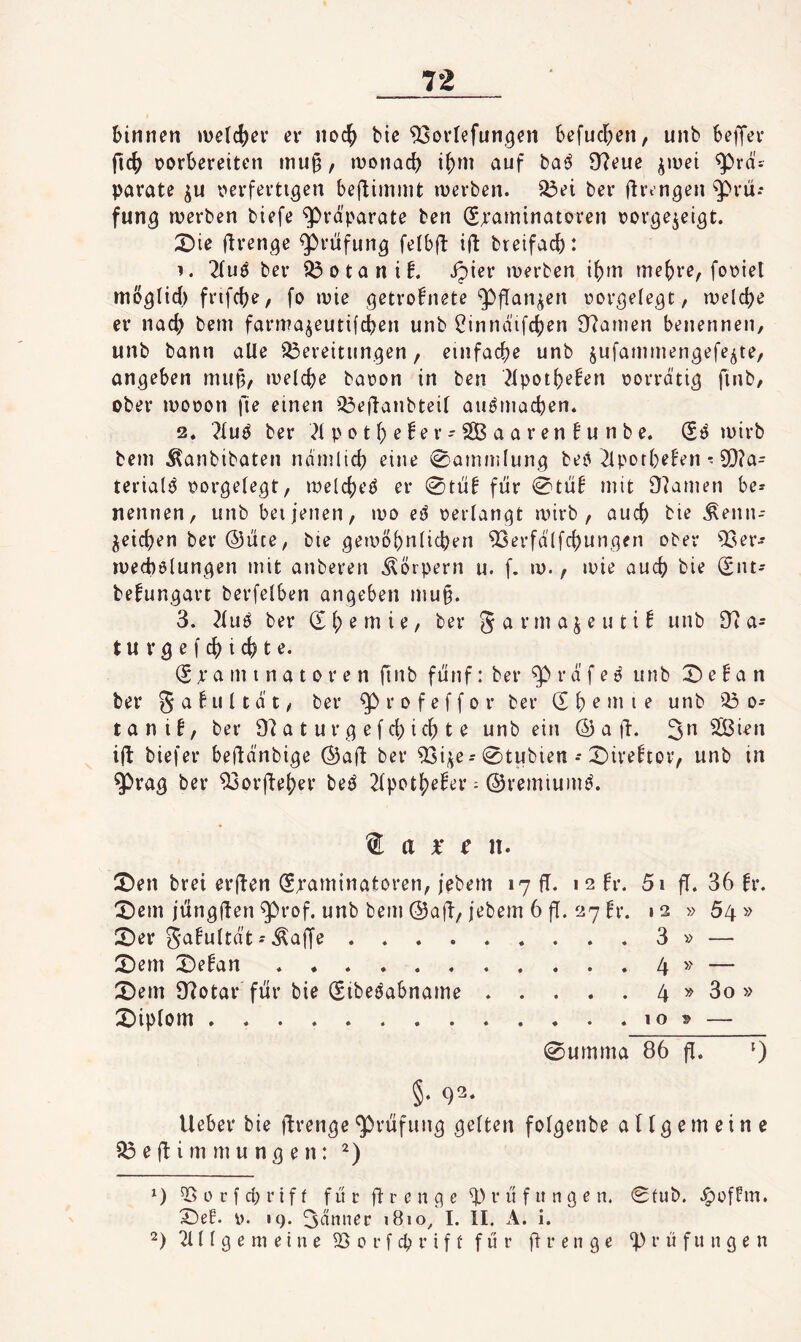 binnen melc^ev er noc^ bic ’iXsorlefun.^en befuc^en, unb beffev fic^ oorbereiten mu^, wonad) ij)m auf baö 97eue jiuei parate i>erferti3en beftimint iverben. 23ei ber ftrtn^en ^rü- fun^ werben biefe Präparate ben (Si’arninatoren ror^e^eigt. 2)ie ftren^e Prüfung felbft ift breifacb: 1. 2(uö ber 93otanif. ipier werben i()m mebre, fo\?iel mö^lid) frifcbe, fo wie (^etro^nete ^Pflan^en ror^ele^t, welche er nad) bem farmajeutifcben unb i^innd'ifchen Dramen benennen, unb bann alle Bereitungen, einfache unb jufainmengefe^te, angeben mu(5, welche baron in ben 2Ipothe!en oorrdtig finb, ober wooon fie einen Beflanbteil au^tnachen. 2. ?luö ber ^l p D t h e f e r - a a r e n f u n b e. wirb beni ^anbibaten ndtnlich eine 0ammlung bejj 2lporheFen - 9}?a= terialö ^orgelegt, welche^ er 0tii! fiir 0tii! mit 9?amen be= nennen, unb bei jenen, wo e6 verlangt anrb , auch bie Kenn¬ zeichen ber ©Ute, bie gewöhnlichen ^erfdlfchungen ober Bser-- wecbölungen mit anberen Körpern u. f. w., wie ouch bie (Siu- befungart berfelben angeben mu§. 3. 2lu^ ber d h ^ i ^ / ber 5 a r m a z e u t i! unb 97 a- t u r g e j ch i ch t e. d X Ci m i n a t 0 r e n finb fünf: ber r d f e ^ unb 0 e ! a n ber Sci^nltdt, ber ^rofeffor ber dh^mie unb Bo¬ tanik, ber 97 a t u r g e f ch i ch t e unb ein © a ft- 3»^ B$ien ift biefer befldnbige ©afl ber 93ize = 0tubien - 0ireftor, unb in ^rag ber ^orjleher beö Tlpothe^er: ©remium^. ® a ^ n. !j)en brei erften druminatoren, jebem 17 d. 12 fr. 5i fT. 36 fr. X)em jüngden ^rof. unb bem ©aft, jebem 6 fl. 27 fr. 12 » 54» 2)er Sci^ultcit - Kaffß.3 » — 2)em :Defan 4 — ;l)em 97otar fiir bie dibedabname.4 » 3o » X)iplom.10» — 0umma 86 fl. 0 §• 92. lieber bie drenge'prufung gelten folgenbe allgemeine B e d i m m u n g e n: ^ ü c f cb r i f f für d r e n g e '4^ i* ii f it n g e n. 0fub. .^offm. X)e?. i). 19. 3dnnec 1810, I. II. A. i.