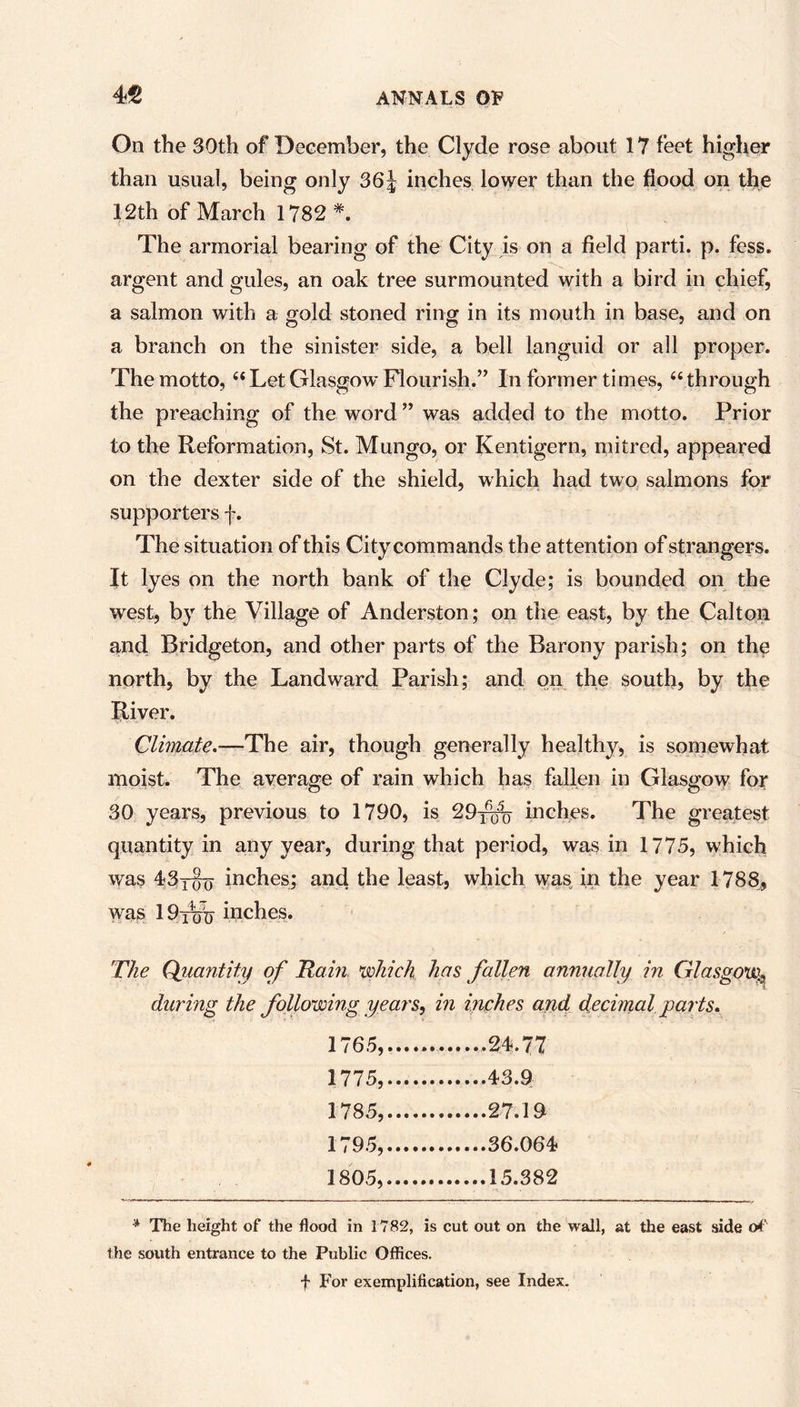 On the 30th of December, the Clyde rose about 17 feet higher than usual, being only 36| inches lower than the flood on the 12th of March 1782 #. The armorial bearing of the City is on a field parti, p. fess. argent and gules, an oak tree surmounted with a bird in chief, a salmon with a gold stoned ring in its mouth in base, and on a branch on the sinister side, a bell languid or all proper. The motto,“ Let Glasgow Flourish.” In former times, “ through the preaching of the word ” was added to the motto. Prior to the Reformation, St. Mungo, or Kentigern, mitred, appeared on the dexter side of the shield, which had two salmons for supporters f. The situation of this City commands the attention of strangers. It lyes on the north bank of the Clyde; is bounded on the west, by the Village of Anderston; on the east, by the Cal ton and Bridgeton, and other parts of the Barony parish; on tha north, by the Landward Parish; and on the south, by the River. Climate.—The air, though generally healthy, is somewhat moist. The average of rain which has fallen in Glasgow for 30 years, previous to 1790, is 29yk% inches. The greatest quantity in any year, during that period, was in 1775, which was 43y§q inches; and the least, which was in the year 1788, was 1 9tVt) inches. The Quantity of Ram which has fallen annually in Glasgow., during the following years, in inches and decimal parts. 1765, .24.77 1775, 1785, 1795, 1805, 15.382 * The height of the flood in 1782, is cut out on the wall, at the east side of the south entrance to the Public Offices. f For exemplification, see Index.