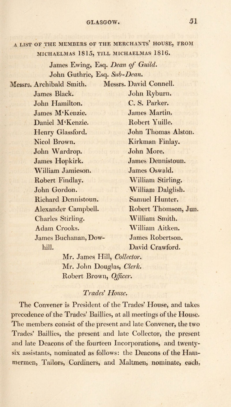 A LIST OF THE MEMBERS OF THE MERCHANTS’ HOUSE, FROM MICHAELMAS 1815, TILL MICHAELMAS 1816. James Ewing, Esq. Dean of Guild. John Guthrie, Esq. Sub-Dean. Archibald Smith. Messrs. David Connell. James Black. John Ryburn. John Hamilton. C. S. Parker. James M‘Kenzie. James Martin. Daniel M‘Kenzie. Robert Yuille. Henry Glassford. John Thomas Alston. Nicol Brown. Kirk man Finlay. John Wardrop. John More. James Hopkirk. James Dennistoun. William Jamieson. James Oswald. Robert Findlay. William Stirling. John Gordon. William Dalglish. Richard Dennistoun. Samuel Hunter. Alexander Campbell. Robert Thomson, Jum Charles Stirling. William Smith, Adam Crooks. William Aitken. James Buchanan, Dow- James Robertson. hill. David Crawford. Mr. James Hill, Collector. Mr. John Douglas, Clerk. Robert Brown, Officer. Traded House. The Convener is President of the Trades’ House, and takes precedence of the Trad es’ Baillies, at all meetings of the House. The members consist of the present and late Convener, the two Trades’ Baillies, the present and late Collector, the present and late Deacons of the fourteen Incorporations, and twenty- six assistants, nominated as follows: the Deacons of the Ham- mermen, Tailors, Cordiners, and Maltmen, nominate, each.