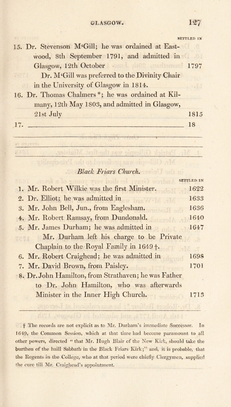 SETTLED IN 15. Dr. Stevenson M‘Gill; lie was ordained at East- wood, 8th September 1791, and admitted in Glasgow, 12th October 1797 Dr. M‘Gill was preferred to the Divinity Chair in the University of Glasgow in 1814. 16. Dr. Thomas Chalmers*; he was ordained at Kil- many, 12th May 1803, and admitted in Glasgow, 21st July 1815 17. 18 Black Friars Church. SETTLED IN 1. Mr. Robert Wilkie was the first Minister. 1622 2. Dr. Elliot; he was admitted in 1633 3. Mr. John Bell, Jun., from Eaglesham. 1636 4. Mr. Robert Ramsay, from Dundonald. 1640 5. Mr. James Durham; he was admitted in 1647 Mr. Durham left his charge to be Private Chaplain to the Royal Family in 1649 f. 6. Mr. Robert Craighead; he was admitted in 1698 7. Mr. David Brown, from Paisley. 1701 8. Dr. John Hamilton, from Strathaven; he was Father to Dr. John Hamilton, who was afterwards Minister in the Inner High Church. 1713 t The records are not explicit as to Mr. Durham’s immediate Successor. In 1649, the Common Session, which at that time had become paramount to all other powers, directed “ that Mr. Hugh Blair of the New Kirk, should take the burthen of the haill Sabbath in the Black Friars Ivirk;” and, it is probable, that the Regents in the College, who at that period were chiefly Clergymen, supplied the cure till Mr. Craighead’s appointment.