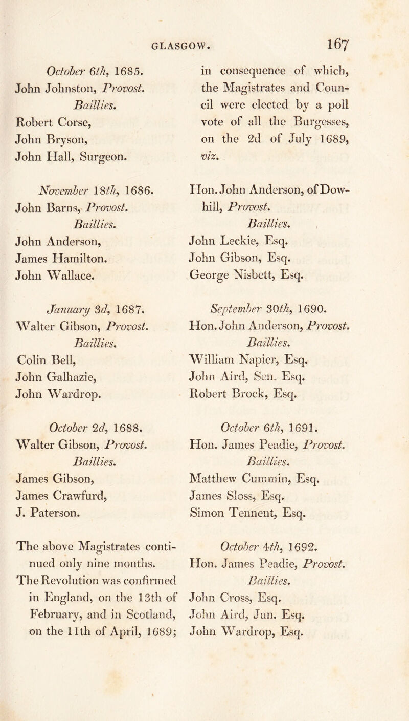 October 6th, 1685. John Johnston, Provost. Baillies. Robert Corse, John Bryson, John Hall, Surgeon. November 18 th, 1686. John Barns, Provost. Baillies. John Anderson, James Hamilton. John Wallace. January 3d, 1687. Walter Gibson, Provost. Baillies. Colin Bell, John Galhazie, John Wardrop. October 2d, 1688. Walter Gibson, Provost. Baillies. James Gibson, James Crawfurd, J. Paterson. The above Magistrates conti- nued only nine months. The Revolution was confirmed in England, on the 13th of February, and in Scotland, on the 11th of April, 1689; in consequence of which, the Magistrates and Coun- cil were elected by a poll vote of all the Burgesses, on the 2d of July 1689, viz. Hon. John Anderson, ofDow- hill, Provost. Baillies. John Leckie, Esq. John Gibson, Esq. George Nisbett, Esq. September 30th, 1690. Hon. John Anderson, Provost. Baillies. William Napier, Esq. John Aird, Sen. Esq. Robert Brock, Esq. October 6th, 1691. Hon. James Peadie, Provost. Baillies. Matthew Cummin, Esq. James Sloss, Esq. Simon Tennent, Esq. October kth, 1692. Hon. James Peadie, Provost. Baillies. John Cross, Esq. John Aird, Jun. Esq. John Wardrop, Esq.