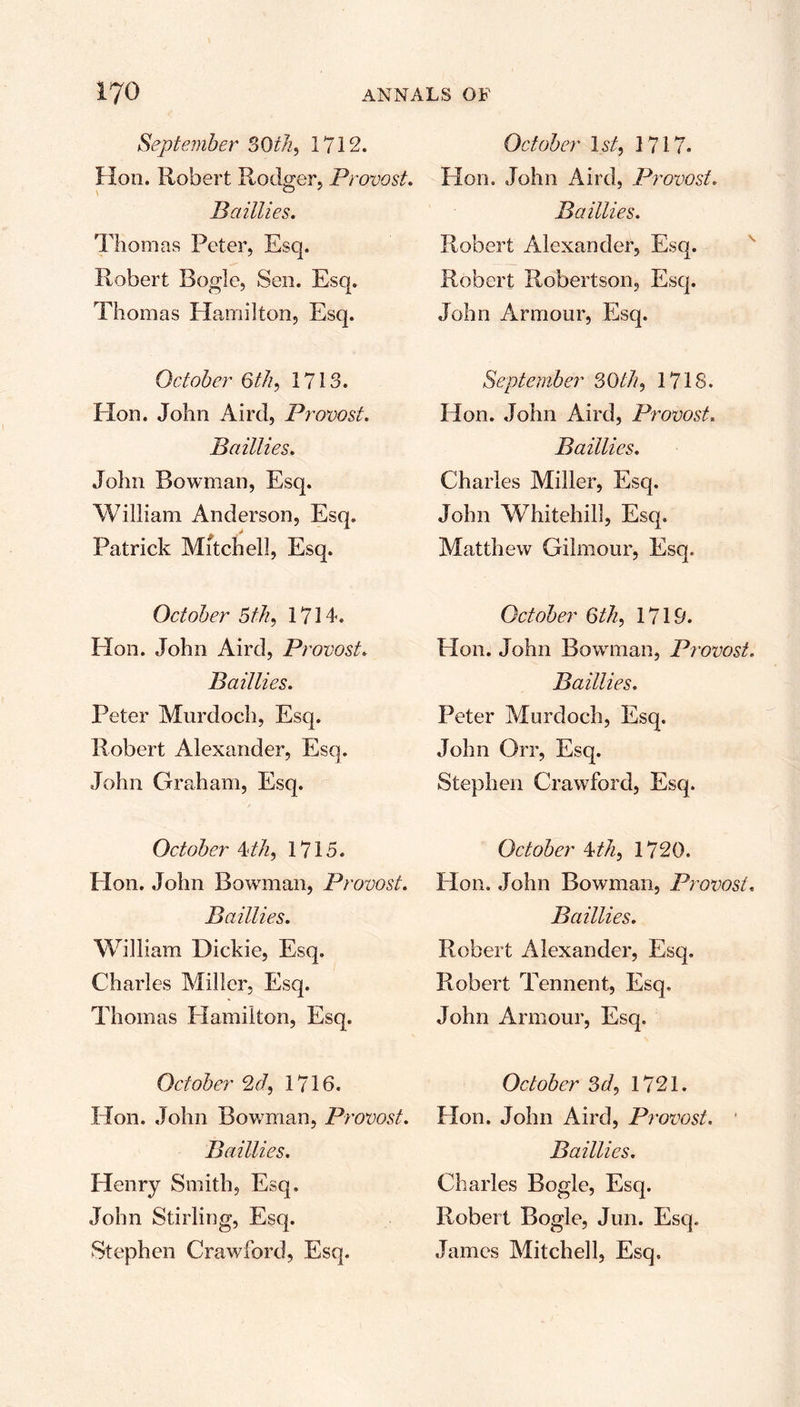 September 30th9 1712. Hon. Robert Rodger, Provost. Baillies. Thomas Peter, Esq. Robert Bogle, Sen. Esq. Thomas Hamilton, Esq. October 6th, 1713. Hon. John Aird, Provost. Baillies. John Bowman, Esq. William Anderson, Esq. Patrick Mitchell, Esq. October 5th, 1714. EXon. John Aird, Provost. Baillies. Peter Murdoch, Esq. Robert Alexander, Esq. John Graham, Esq. October Mh, 1715. Hon. John Bowman, Provost. Baillies. William Dickie, Esq. Charles Miller, Esq. Thomas Hamilton, Esq. October 2d, 1716. Hon. John Bowman, Provost. Baillies. Henry Smith, Esq. John Stirling, Esq. Stephen Crawford, Esq. October 1st, 1717. Hon. John Aird, Provost. Baillies. Robert Alexander, Esq. Robert Robertson, Esq. John Armour, Esq. September 30/7/, 1718. Hon. John Aird, Provost. Baillies. Charles Miller, Esq. John Whitehill, Esq. Matthew Gilmour, Esq. October 6th, 1710. Hon. John Bowman, Provost. Baillies. Peter Murdoch, Esq. John Orr, Esq. Stephen Crawford, Esq. October 4th} 1720. Hon. John Bowman, Provost, Baillies. Robert Alexander, Esq. Robert Tennent, Esq. John Armour, Esq. October 3d, 1721. Hon. John Aird, Provost. Baillies. Charles Bogle, Esq. Robert Bogle, Jun. Esq. James Mitchell, Esq.