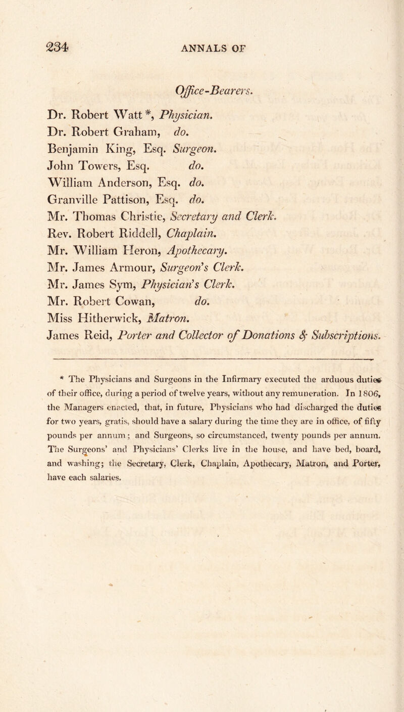 Office-Bearers. Dr. Robert Watt#, Physician. Dr. Robert Graham, do. Benjamin King, Esq. Surgeon. John Towers, Esq. do. William Anderson, Esq. do. Granville Pattison, Esq. do. Mr. Thomas Christie, Secretary and Cleric. Rev. Robert Riddell, Chaplain. Mr. William Heron, Apothecary. Mr. James Armour, Surgeon's Cleric. Mr. James Sym, Physician's Cleric. Mr. Robert Cowan, do. Miss Hither wick, Matron. James Reid, Porter and Collector of Donations £f Subscriptions. * The Physicians and Surgeons in the Infirmary executed the arduous duties of their office, during a period of twelve years, without any remuneration. In 1806, the Managers enacted, that, in future, Physicians who had discharged the duties for two years, gratis, should have a salary during the time they are in office, of fifty pounds per annum ; and Surgeons, so circumstanced, twenty pounds per annum. The Surgeons’ and Physicians’ Clerks live in the house, and have bed, board, and washing; the Secretary, Clerk, Chaplain, Apothecary, Matron, and Porter, have each salaries.