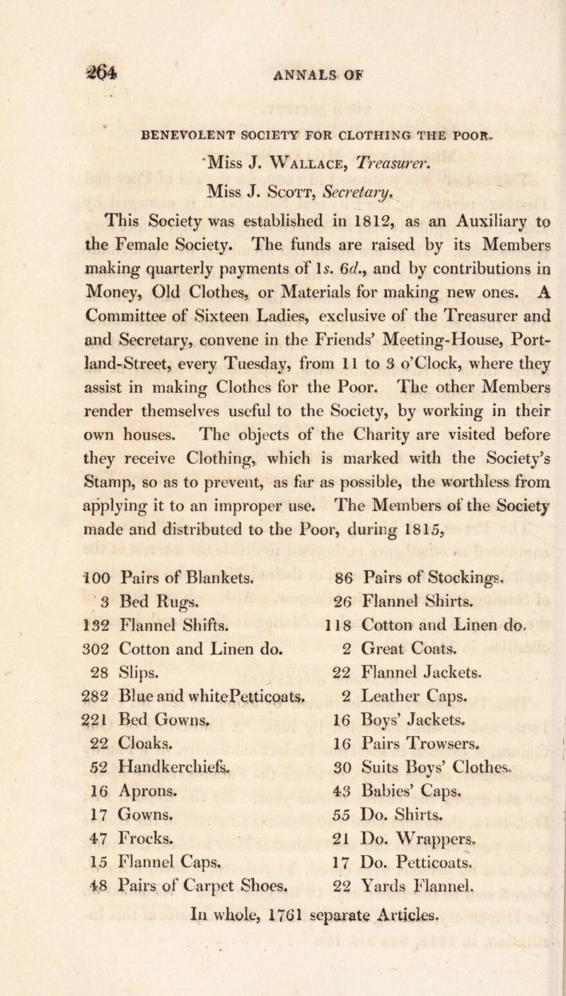 BENEVOLENT SOCIETY FOR CLOTHING THE POOR. “Miss J. Wallace, Treasurer. Miss J. Scott, Secretary. This Society was established in 1812, as an Auxiliary to the Female Society. The funds are raised by its Members making quarterly payments of Is. 6d.9 and by contributions in Money, Old Clothes, or Materials for making new ones. A Committee of Sixteen Ladies, exclusive of the Treasurer and and Secretary, convene in the Friends’ Meeting-House, Port- land-Street, every Tuesday, from 11 to 3 o’Clock, where they assist in making Clothes for the Poor. The other Members render themselves useful to the Society, by working in their own houses. The objects of the Charity are visited before they receive Clothing, which is marked with the Society’s Stamp, so as to prevent, as far as possible, the worthless from applying it to an improper use. The Members of the Society made and distributed to the Poor, during 1815, 100 Pairs of Blankets. 3 Bed Rugs. 132 Flannel Shifts. 302 Cotton and Linen do. 28 Slips. 282 Blue and whitePetticoats. 221 Bed Gowns. 22 Cloaks. 52 Handkerchiefs. 16 Aprons. 17 Gowns. 47 Frocks. 15 Flannel Caps. 86 Pairs of Stockings, 26 Flannel Shirts. 118 Cotton and Linen do, 2 Great Coats. 22 Flannel Jackets. 2 Leather Caps. 16 Boys’ Jackets. 16 Pairs Trowsers. 30 Suits Boys’ Clothes. 43 Babies’ Caps. 55 Do. Shirts. 21 Do. Wrappers. 17 Do. Petticoats, 22 Yards Flannel, 48 Pairs of Carpet Shoes. In whole, 1761 separate Articles.