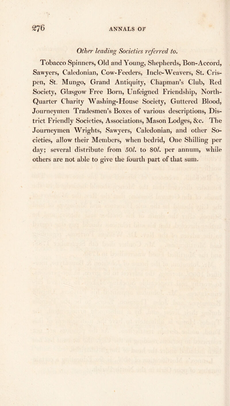 Other leading Societies referred to. Tobacco Spinners, Old and Young, Shepherds, Bon-Accord, Sawyers, Caledonian, Cow-Feeders, Incle-Weavers, St. Cris- pen, St. Mungo, Grand Antiquity, Chapman’s Club, Red Society, Glasgow Free Born, Unfeigned Friendship, North- Quarter Charity Washing-House Society, Guttered Blood, Journeymen Tradesmen’s Boxes of various descriptions, Dis- trict Friendly Societies, Associations, Mason Lodges, &c. The Journeymen Wrights, Sawyers, Caledonian, and other So- cieties, allow their Members, when bedrid, One Shilling per day; several distribute from 50l. to 80/. per annum, while others are not able to give the fourth part of that sum.