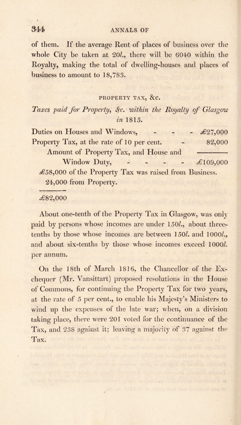 of them. If the average Rent of places of business over the whole City be taken at 20/., there will be 6040 within the Royalty, making the total of dwelling-houses and places of business to amount to 18,783. PROPERTY TAX, &C. Taxes paid for Property, fyc. within the Royalty of Glasgow in 1815. Duties on Houses and Windows, - .*£27,000 Property Tax, at the rate of 10 per cent. - 82,000 Amount of Property Tax, and House and —— Window Duty, - £109,000 £58,000 of the Property Tax was raised from Business. 24,000 from Property. <£82,000 About one-tenth of the Property Tax in Glasgow, was only paid by persons whose incomes are under 150/., about three- tenths by those whose incomes are between 150/. and 1000/., and about six-tenths by those whose incomes exceed 1000/.. per annum. On the 18th of March 1816, the Chancellor of the Ex- chequer (Mr. Vansittart) proposed resolutions in the House of Commons, for continuing the Property Tax for two years, at the rate of 5 per cent., to enable his Majesty’s Ministers to wind up the expenses of the late war; when, on a division taking place, there were 201 voted for the continuance of the Tax, and 238 against it; leaving a majority of 37 against the Tax.