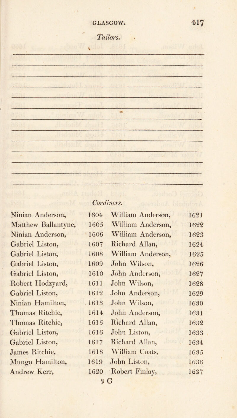 Tailors. v Cor diners. Ninian Anderson, 1601 Matthew Ballantyne, 1605 Ninian Anderson, 1606 Gabriel Liston, 1607 Gabriel Liston, 1608 Gabriel Liston, 1609 Gabriel Liston, 1610 Robert Hodzyard, 1611 Gabriel Liston, 1612 Ninian Hamilton, 1613 Thomas Ritchie, 1611 Thomas Ritchie, 1615 Gabriel Liston, 1616 Gabriel Liston, 1617 James Ritchie, 1618 Mungo Hamilton, 1619 Andrew Kerr, 1620 3 William Anderson, 1621 William Anderson, 1622 William Anderson, 1623 Richard Allan, 1624 William Anderson, 1625 John Wilson, 1626 John Anderson, 1627 John Wilson, 1628 John Anderson, 1629 John Wilson, 1630 John Anderson, 1631 Richard Allan, 1632 John Liston, 1633 Richard Allan, 1634 William Coats, 1635 John Liston, 1636 Robert Finlay, 1637 G