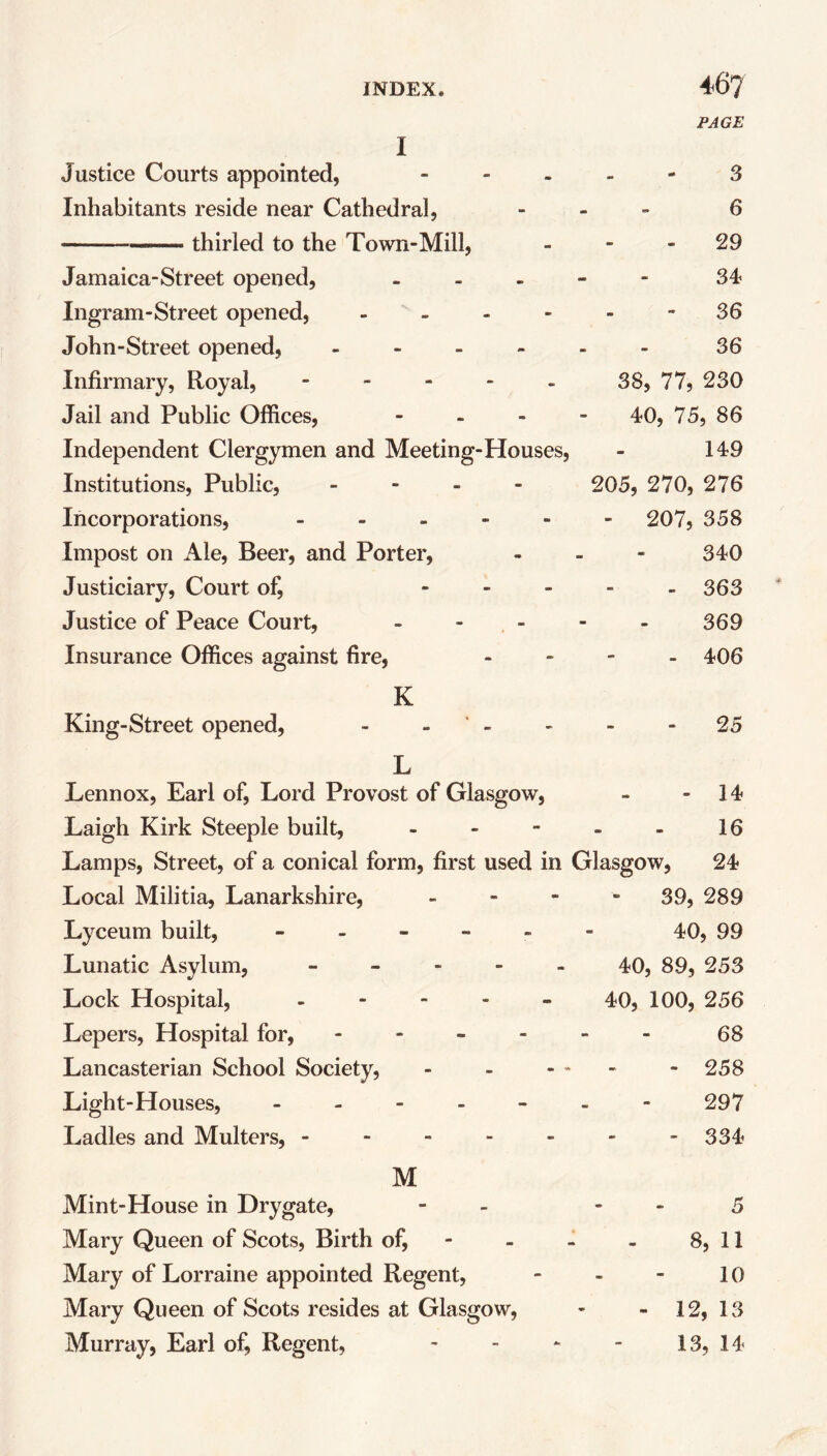 I Justice Courts appointed, - Inhabitants reside near Cathedral, — thirled to the Town-Mill, Jamaica-Street opened, - Ingram-Street opened, - John-Street opened, - Infirmary, Royal, - Jail and Public Offices, - Independent Clergymen and Meeting-Houses, Institutions, Public, - Incorporations, - Impost on Ale, Beer, and Porter, Justiciary, Court of, - Justice of Peace Court, - - Insurance Offices against fire, PAGE - - 3 6 29 34 - 36 36 38, 77, 230 40, 75, 86 149 205, 270, 276 - 207, 358 340 - 363 369 - 406 K King-Street opened, - - - - 25 L Lennox, Earl of, Lord Provost of Glasgow, - - 14 Laigh Kirk Steeple built, - - - - - 16 Lamps, Street, of a conical form, first used in Glasgow, 24 Local Militia, Lanarkshire, - 39, 289 Lyceum built, ------ 40, 99 Lunatic Asylum, ----- 40, 89, 253 Lock Hospital, ----- 40, 100, 256 Lepers, Hospital for, ------ 68 Lancasterian School Society, - - - - - - 258 Light-Houses, ------- 297 Ladles and Multers, - - - - - - - 334 M Mint-House in Drygate, - 5 Mary Queen of Scots, Birth of, - - - - 8, 11 Mary of Lorraine appointed Regent, - - - 10 Mary Queen of Scots resides at Glasgow, - - 12, 13 Murray, Earl of, Regent, - - *■ - 13, 14