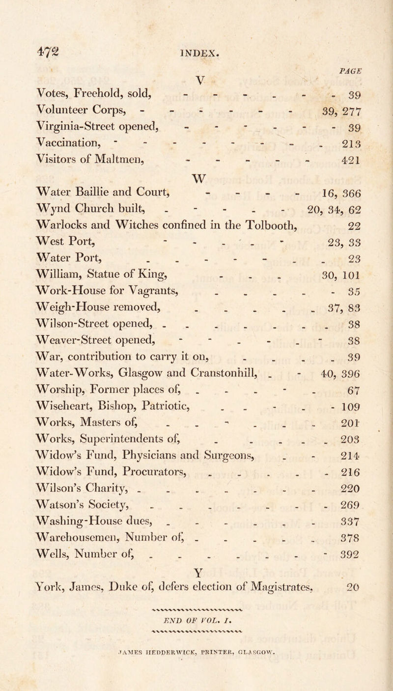 PAGE V Votes, Freehold, sold, - - - _ - - 39 Volunteer Corps, ------ 39? 277 Virginia-Street opened, ------ 39 Vaccination, - - - - - - -213 Visitors of Maitmen, - - - - - 421 W Water Baillie and Court, - - - - 16, 366 Wynd Church built, ----- 20, 34, 62 Warlocks and Witches confined in the Tolbooth, 22 West Port, ----- 23, 33 Water Port, _ _ 23 William, Statue of King, - 30, 101 Work-House for Vagrants, . _ _ . - 35 Weigh-House removed, . _ _ _ - 37, 83 Wilson-Street opened, _ _ _ . 38 Weaver-Street opened, - - _ - 38 War, contribution to carry it on, . _ . - 39 Water-Works, Glasgow and Cranstonhill, _ - 40, 396 Worship, Former places of, - - - . 67 Wiseheart, Bishop, Patriotic, . - . - 109 Works, Masters of, 201 Works, Superintendents of, _ . 203 Widow’s Fund, Physicians and Surgeons, . - 214 Widow’s Fund, Procurators, - _ . . - 216 Wilson’s Charity, 220 Watson’s Society, ------- 269 Washing-House dues, _ . _ . . - 337 Warehousemen, Number of, _ . . - _ 378 Wells, Number of, 392 Y York, James, Duke of, defers election of Magistrates, 20 END OF VOL. I. .TAMES IIEDDERWICK, PRINTER, GLASGOW.