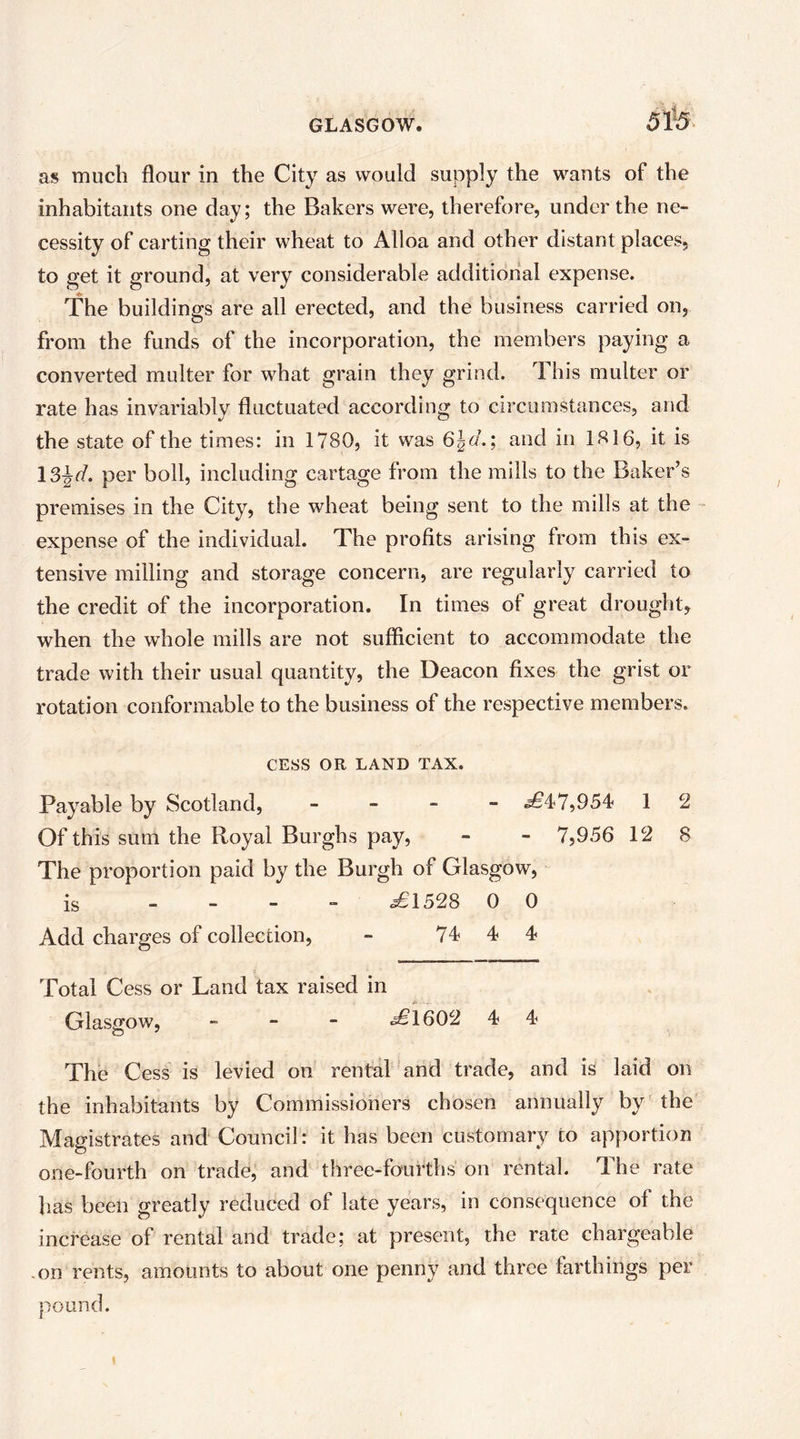 5^3 as much flour in the City as would supply the wants of the inhabitants one day; the Bakers were, therefore, under the ne- cessity of carting their wheat to Alloa and other distant places, to get it ground, at very considerable additional expense. The buildings are all erected, and the business carried on, from the funds of the incorporation, the members paying a converted multer for what grain they grind. This multer or rate has invariably fluctuated according to circumstances, and the state of the times: in 1780, it was 6^d.; and in 1816, it is IS^d. per boll, including cartage from the mills to the Baker’s premises in the City, the wheat being sent to the mills at the expense of the individual. The profits arising from this ex- tensive milling and storage concern, are regularly carried to the credit of the incorporation. In times of great drought, when the whole mills are not sufficient to accommodate the trade with their usual quantity, the Deacon fixes the grist or rotation conformable to the business of the respective members. CESS OR LAND TAX. Payable by Scotland, - _ _ - ^47,954 1 2 Of this sum the Royal Burghs pay, - - 7,956 12 8 The proportion paid by the Burgh of Glasgow, is _ _ _ - .£1528 0 0 Add charges of collection, - 74 4 4 Total Cess or Land tax raised in Glasgow, . _ - ^1602 4 4 The Cess is levied on rental and trade, and is laid on the inhabitants by Commissioners chosen annually by the' Magistrates and- Council: it has been customary to apportion one-fourth on trade, and three-fourths on rental. The rate has been greatly reduced of late years, in consequence of the increase of rental and trade; at present, the rate chargeable -on rents, amounts to about one penny and three farthings per pound.