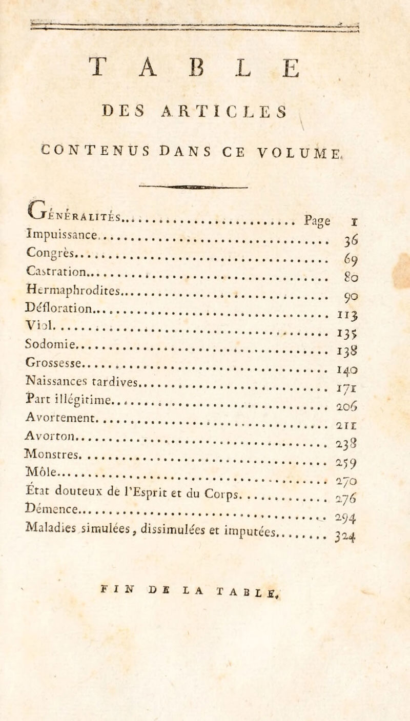 TABLE DES A R T ICLE S CONTENUS DANS CE VOLUME, Généralités. pa„e Impuissance,. Congrès. Castration... Hermaphrodites.. Défloration... Viol..TATA Sodomie.. Grossesse... Naissances tardives. Part illégitime. Avortement. Avorton. Monstres. Môle. Etat douteux de l’Esprit et du Corps.. Démence. Maladies simulées, dissimulées et imputées. I 36 69 80 90 113 I3> 138 140 171 206 211 238 2-59 2/0 0.7 6 m 324 FIN NE LA TABLER
