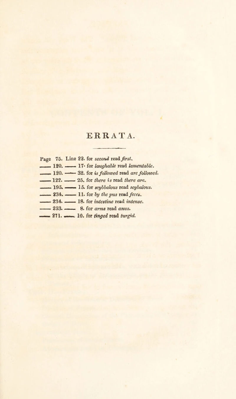 ERRATA, Page 75. Line 22. for second read first. -120. —— 17* for laughable read lamentable. _120. —— 32. for is followed read are followed. —— 122. .25. for there is read there are. --195. —— 15. for scybbalous read scybalous. ■- 234. ..—— 11. for by the pus read feces. —— 234. . ..... 18. for intestine read intense. -- 253.-- 8. for arms read anus. —— 271. 10. for tinged read turgid.