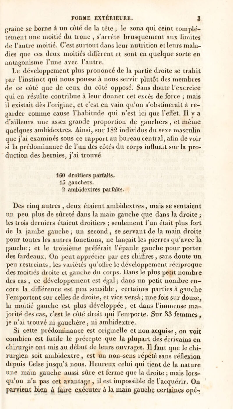 graine se borne à un côté de la tète ; le zona qui ceint complè¬ tement une moitié du tronc , s’arrête brusquement aux limites de l’autre moitié. C’est surtout dans leur nutrition et leurs mala¬ dies que ces deux moitiés diffèrent et sont en quelque sorte en antagonisme l’une avec l’autre. Le développement plus prononcé de la partie droite se trahit par l’instinct qui nous pousse à nous servir plutôt des membres de ce côté que de ceux du côté opposé. Sans doute l’exercice qui en résulte contribue à leur donner cet excès de force ; mais il existait dès l’origine, et c’est en vain qu’on s’obstinerait à re¬ garder comme cause l’habitude qui n’est ici cpie l’effet. Il y a d’ailleurs une assez grande proportion de gauchers, et même quelques ambidextres. Ainsi, sur 182 individus du sexe masculin que j’ai examinés sous ce rapport au bureau central, afin de voir si la prédominance de l’un des côtés du corps influait sur la pro¬ duction des hernies, j’ai trouvé ICO droitiers parfaits. 15 gauchers. 2 ambidextres parfaits. Des cinq autres , deux étaient ambidextres, mais se sentaient un peu plus de sûreté dans la main gauche que dans la droite ; les trois derniers étaient droitiers ; seulement l’un était plus fort de la jambe gauche ; un second, se servant de la main droite pour toutes les autres fonctions, ne lançait les pierres qu’avec la gauche ; et le troisième préférait l’épaule gauche pour porter des fardeaux. On peut apprécier par ces chiffres, sans doute un peu restreints , les variétés qu’offre le développement réciproque des moitiés droite et gauche du corps. Dans le plus petit nombre des cas , ce développement est égal ; dans un petit nombre en¬ core la différence est peu sensible , certaines parties à gauche l’emportent sur celles de droite, et vice versa ; une fois sur douze, la moitié gauche est plus développée ; et dans l’immense ma¬ jorité des cas, c’est le côté droit qui l’emporte. Sur 33 femmes, je n’ai trouvé ni gauchère, ni ambidextre. Si cette prédominance est originelle et non acquise, on voit combien est futile le précepte cpie la plupart des écrivains en chirurgie ont mis au début de leurs ouvrages. Il faut que le chi¬ rurgien soit ambidextre, est un non-sens répété sans réflexion depuis Celse jusqu’à nous. Heureux celui qui tient de la nature une main gauche aussi sûre et ferme que la droite ; mais lors¬ qu’on n’a pas cet avantage , il est impossible de l’acquérir. On parvient bien à faire exécuter à la main gauche certaines opé-