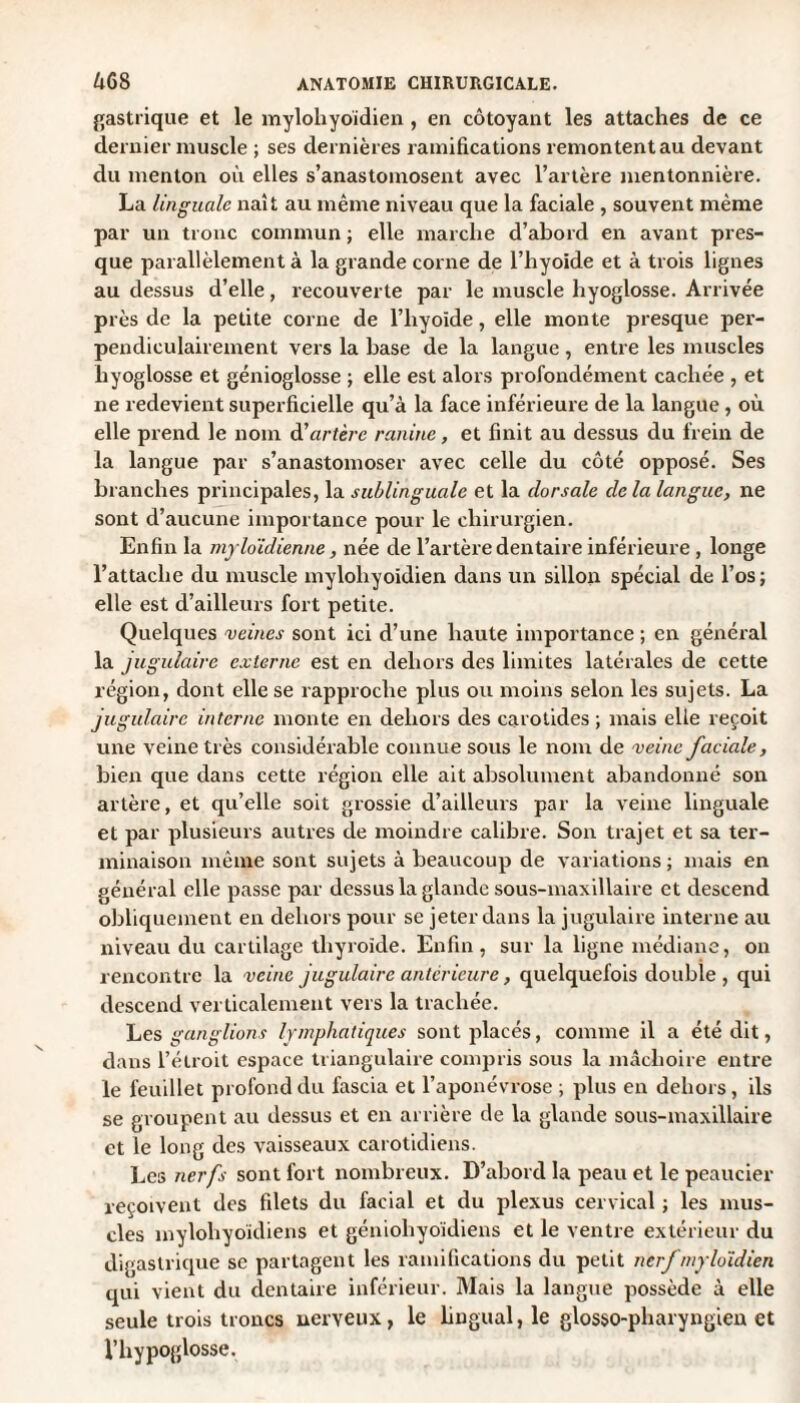 gastrique et le mylohyoïdien, en côtoyant les attaches de ce dernier muscle ; ses dernières ramifications remontent au devant du menton où elles s’anastomosent avec l’artère mentonnière. La linguale naît au même niveau que la faciale , souvent même par un tronc commun ; elle marche d’abord en avant pres¬ que parallèlement à la grande corne de l’hyoïde et à trois lignes au dessus d’elle, recouverte par le muscle hyoglosse. Arrivée près de la petite corne de l’hyoïde, elle monte presque per¬ pendiculairement vers la base de la langue, entre les muscles hyoglosse et génioglosse ; elle est alors profondément cachée , et ne redevient superficielle qu’à la face inférieure de la langue, où elle prend le nom d'artère ranine, et finit au dessus du frein de la langue par s’anastomoser avec celle du côté opposé. Ses branches principales, la sublinguale et la dorsale de la langue, ne sont d’aucune importance pour le chirurgien. Enfin la myldidienne, née de l’artère dentaire inférieure , longe l’attache du muscle mylohyoïdien dans un sillon spécial de l’os ; elle est d’ailleurs fort petite. Quelques veines sont ici d’une haute importance ; en général la jugulaire externe est en dehors des limites latérales de cette région, dont elle se rapproche plus ou moins selon les sujets. La jugulaire interne monte en dehors des carotides ; mais elle reçoit une veine très considérable connue sous le nom de veine faciale, bien que dans cette région elle ait absolument abandonné son artère, et qu’elle soit grossie d’ailleurs par la veine linguale et par plusieurs autres de moindre calibre. Son trajet et sa ter¬ minaison même sont sujets à beaucoup de variations ; mais en général elle passe par dessus la glande sous-maxillaire et descend obliquement en dehors pour se jeter dans la jugulaire interne au niveau du cartilage thyroïde. Enfin, sur la ligne médiane, on rencontre la veine jugulaire antérieure, quelquefois double , qui descend verticalement vers la trachée. Les ganglions lymphatiques sont placés, comme il a été dit, dans l’étroit espace triangulaire compris sous la mâchoire entre le feuillet profond du fascia et l’aponévrose ; plus en dehors, ils se groupent au dessus et en arrière de la glande sous-maxillaire et le long des vaisseaux carotidiens. Les nerfs sont fort nombreux. D’abord la peau et le peaucier reçoivent des filets du facial et du plexus cervical ; les mus¬ cles mylohyoïdiens et géniohyoïdiens et le ventre extérieur du digastrique se partagent les ramifications du petit nerf myloïdien qui vient du dentaire inférieur. Mais la langue possède à elle seule trois troncs nerveux, le lingual, le glosso-pharyngien et l’hypoglosse.