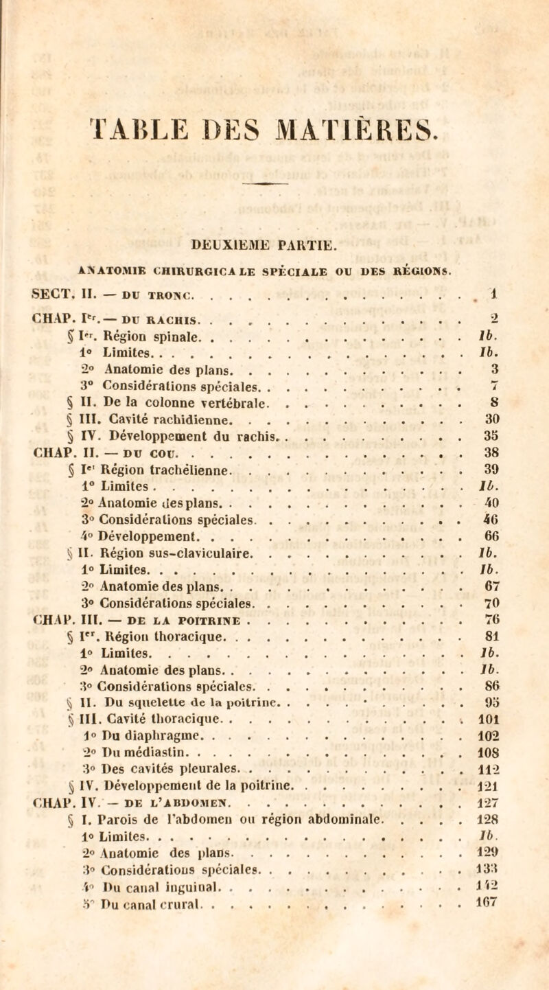 TAULE DES MATIÈRES DEUXIEME PARTIE. A > ATOMIE CHIRURGICALE SPÉCIALE OU 1)ES RÉGIONS. SECT, II. — DU TRONC..1 CHAP. Ier.— DU RACHIS. 2 5 I. Région spinale.Ib. 1° Limites.Ib. 2° Anatomie des plans. 3 3° Considérations spéciales. 7 § II. De la colonne vertébrale. 8 § III. Cavité rachidienne.30 § IV. Développement du rachis..35 CHAP. II. — du cou.38 § I Région trachélienne.39 1° Limites.Ib. 2° Anatomie des plans.40 3° Considérations spéciales.46 4° Développement.66 § II. Région sus-claviculaire.Ib. 1° Limites.Ib. 2° Anatomie des plans.67 3° Considérations spéciales.70 CHAP. III. — DE LA POITRINE.76 § Ier. Région thoracique. 81 1° Limites.Ib. 2° Auatomie des plans.Ib. 3° Considérations spéciales.86 § II. Du squelette de la poitrine.•.93 $ III. Cavité thoracique.-, 101 1° Du diaphragme.102 2° Du médiastin.108 3° Des cavités pleurales.112 § IV. Développement de la poitrine.121 CHAP. IV. — de l’abdomen.127 § I. Parois de l’abdomen ou région abdominale.128 1° Limites.Ib. 2° Auatomie des plans.129 3° Considérations spéciales.133 ï° Du canal inguinal.112 •V Du canal crural.167