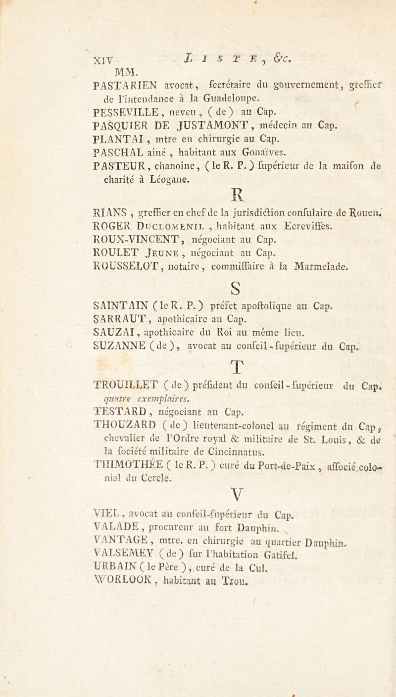 MM. PASTARIEN avocat, fecrétaire du gouvernement, greffier de l’intendance à la Guadeloupe. PESSEVILLE, neveu, (de) au Cap. PASQUIER DE JUSTAMONT, médecin au Cap. PLANTAI , mtre en chirurgie au Cap. PASCHAL aîné , habitant aux Gonaïves. PASTEUR, chanoine, (le R. P.) fupérieur de la maifon de charité à Léogane. R RI ANS , greffier en chef de la jurisdiclion confulaire de Rouen. ROGER Duclqmenil , habitant aux Ecreviffes. ROUX-VINCENT, négociant au Cap. ROULET Jeune , négociant au Cap. ROUSSELOT, notaire, commiffaire à la Marmelade. S SAINTAÏN (leR. P.) préfet apoftolique au Cap. SARRAUT, apothicaire au Cap. SAUZAI, apothicaire du Roi au même lieu. SUZANNE (de), avocat au confeil-fupérieur du Cap. T TROUILLET ( de ) préfident du confeil - fupérieur du Cap* quatre exemplaires. TESTARD, négociant au Cap. THOUZARD (de) lieutenant-colonel au régiment du Cap* chevalier de l’Ordre royal & militaire de St. Louis, & de la fociété militaire de Cincinnatus. PHIMOTHEE ( le R. P. ) curé du Port-de-Paix, affocié colo niai du Cercle. V VIEL, avocat au confeil-fupérieur du Cap. VAL ADE , procureur au fort Dauphin. VANTA GE, mtre. en chirurgie au quartier Dauphin, VALSEMEY (de) fur l’habitation Gatifel. URBAIN ( le Père ), curé de la Cul. \\'O R LOOK, habitant au Trou,