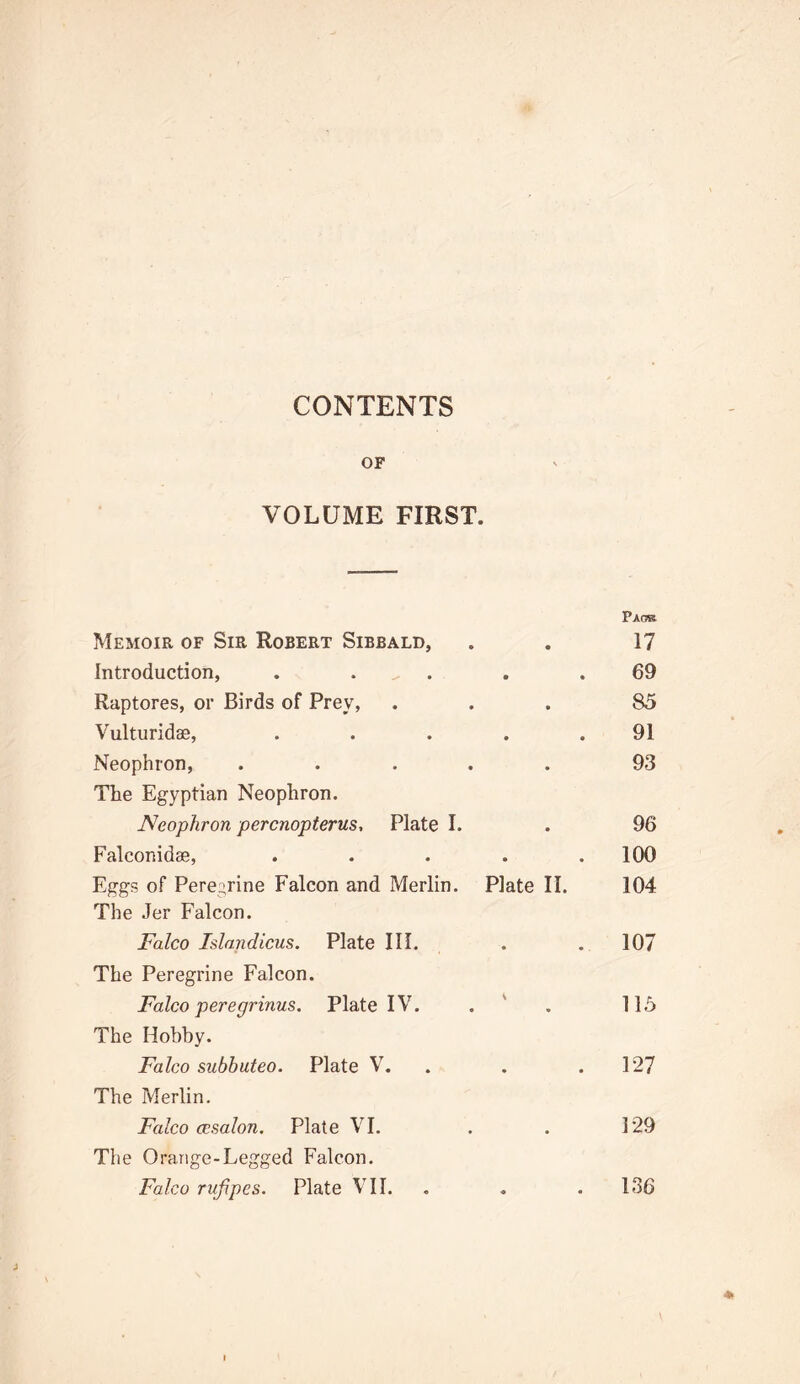 CONTENTS OF VOLUME FIRST. Memoir of Sir Robert Sibbald, • Paob 17 Introduction, . . ^ . • • 69 Raptores, or Birds of Prey, • 85 Vulturidae, • • 91 Neophron, . . . . • 93 The Egyptian Neophron. Neophron percnopterus, Plate I. • 96 Falconidse, • • 100 Eggs of Pere:::rine Falcon and Merlin. Plate II. 104 The Jer Falcon. Falco Islandicus. Plate III. « • 107 The Peregrine Falcon. Falco peregrinus. Plate IV. • 115 The Hobby. Falco subbuteo. Plate V. • • k... to The Merlin. Falco cesalon. Plate VI. • 129 The Orange-Legged Falcon. Falco rufjpes. Plate VII. « • 136 4»