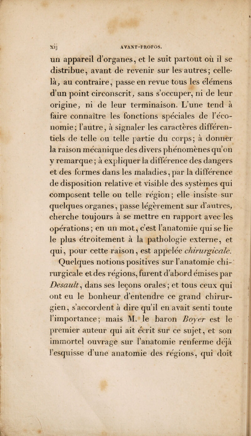 XïJ un appareil d’organes, et le suit partout où il se distribue, avant de revenir sur les autres ; celle- là, au contraire, passe en revue tous les ëlémens d’un point circonscrit, sans s’occuper, ni de leur origine, ni de leur terminaison. L’une tend à faire connaître les fonctions spéciales de F éco¬ nomie ; l’autre , à signaler les caractères différen¬ tiels de telle ou telle partie du corps; à donner la raison mécanique des divers phénomènes qu’on y remarque ; à expliquer la différence des dangers et des formes dans les maladies, par la différence de disposition relative et visible des systèmes qui composent telle ou telle région ; elle insiste sur quelques organes, passe légèrement sur d’autres, cherche toujours à se mettre en rapport avec les opérations ; en un mot, c’est l’anatomie qui se lie le plus étroitement à la pathologie externe, et qui, pour cette raison, est appelée chirurgicale. Quelques notions positives sur l’anatomie chi¬ rurgicale et des régions, furent d’abord émises par Desault, dans ses leçons orales; et tous ceux qui ont eu le bonheur d’entendre ce grand chirur¬ gien, s’accordent à dire qu’il en avait senti toute l’importance; mais M. le baron Boyer est le premier auteur qui ait écrit sur ce sujet, et son immortel ouvrage sur l’anatomie renferme déjà l’esquisse d’une anatomie des régions, qui doit