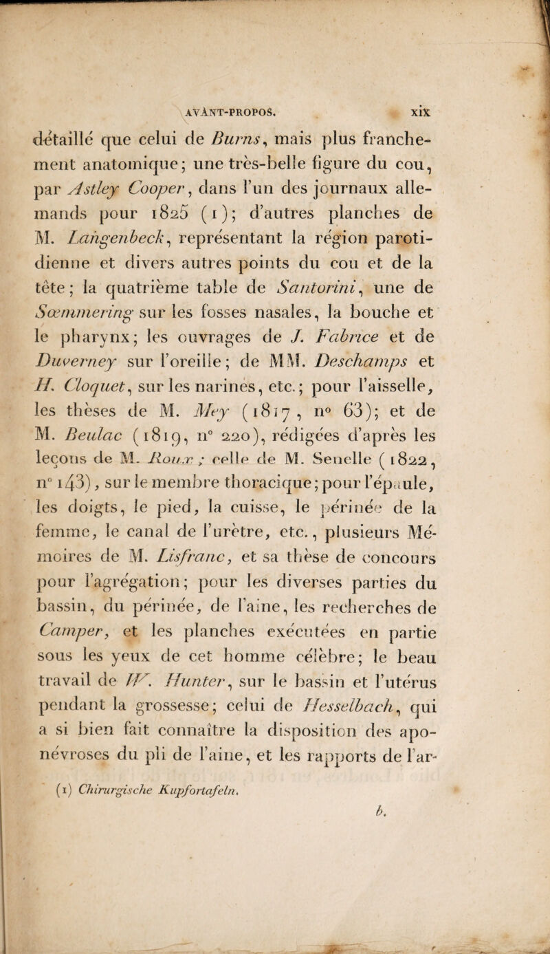 détaillé que celui de Burns, mais plus franche¬ ment anatomique; une très-belle figure du cou, par Astley Cooper, dans l’un des journaux alle¬ mands pour i8s5 (i); d’autres planches de M. Lahgenbeck, représentant la région paroti¬ dienne et divers autres points du cou et de la tête; la quatrième table de Santorini, une de S œ ruiner ing sur les fosses nasales, la bouche et le pharynx; les ouvrages de J. Fabrice et de Duverney sur l’oreille; de MM. Deschamps et H\ Cloquet, sur les narines, etc. ; pour l’aisselle, les thèses de M. Mey (1817, n° 63); et de M. Beulac (1819, n° 220), rédigées d’après les leçons de M. Bout, ; relie de M. Senelle ( 1822, n° 143), sur le membre thoracique; pour l’épaule, les doigts, le pied, la cuisse, le périnée de la femme, le canal de l’urètre, etc., plusieurs Mé¬ moires de M. Lis franc, et sa thèse de concours pour l’agrégation; pour les diverses parties du bassin, du périnée, de l’aine, les recherches de Camper, et les planches exécutées en partie sous les yeux de cet homme célèbre; le beau travail de TV. Hunter, sur le bassin et l’utérus pendant la grossesse; celui de Hesseibach, qui a si bien fait connaître la disposition des apo¬ névroses du pli de l’aine, et les rapports de Far- (1) Chirurgische Kupfortafeln. b.