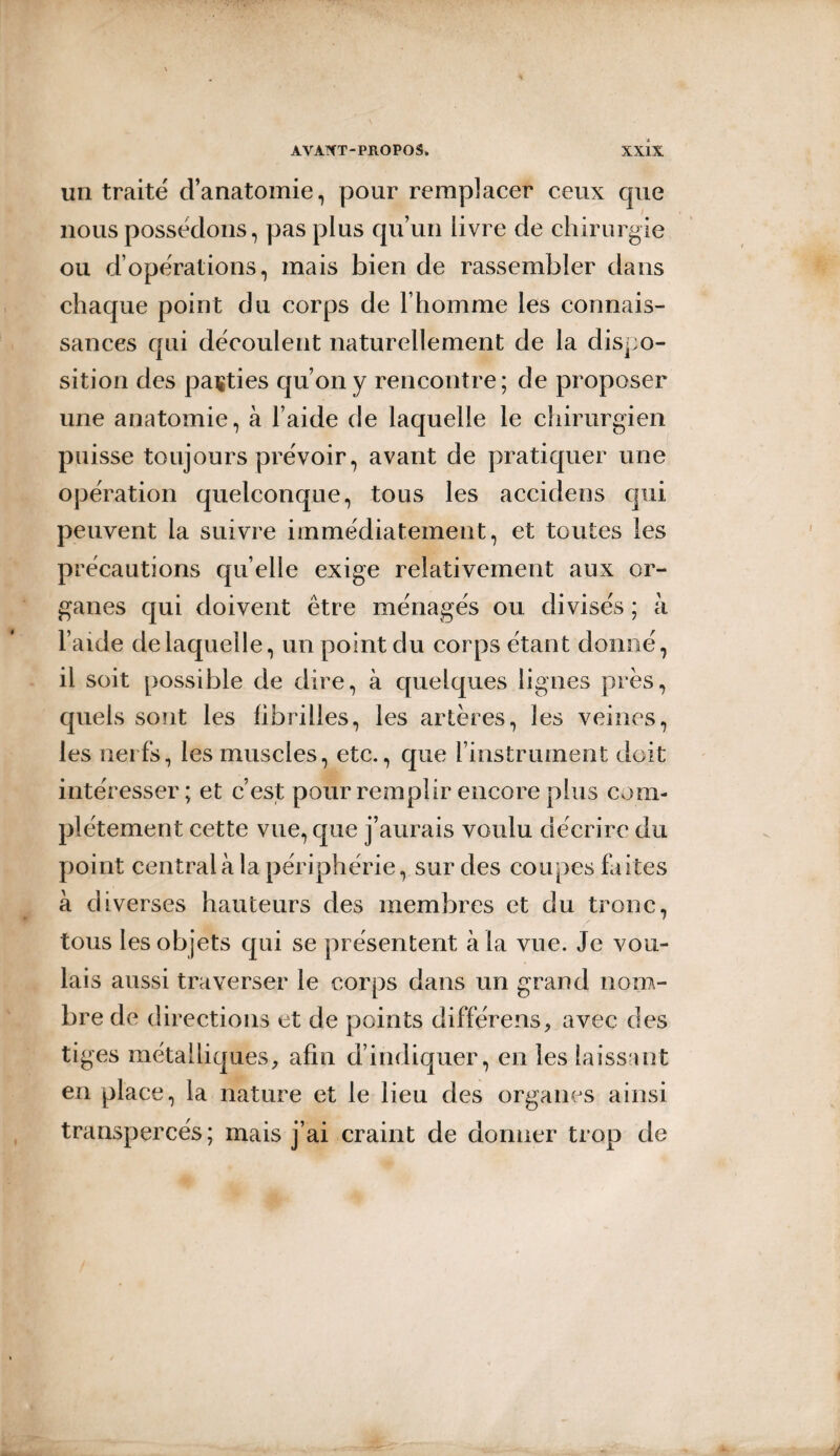 un traité d’anatomie, pour remplacer ceux cjue nous possédons, pas plus qu’un livre de chirurgie ou d’opérations, mais bien de rassembler dans chaque point du corps de l’homme les connais¬ sances qui découlent naturellement de la dispo¬ sition des parties qu’on y rencontre; de proposer une anatomie, à l’aide de laquelle le chirurgien puisse toujours prévoir, avant de pratiquer une opération quelconque, tous les accidens qui peuvent la suivre immédiatement, et toutes les précautions quelle exige relativement aux or¬ ganes qui doivent être ménagés ou divisés ; à l’aide de laquelle, un point du corps étant donné, il soit possible de dire, à quelques lignes près, quels sont les fibrilles, les artères, les veines, les nerfs, les muscles, etc., que l’instrument doit intéresser ; et c’est pour remplir encore plus com¬ plètement cette vue, que j’aurais voulu décrire du point central à la périphérie, sur des coupes faites à diverses hauteurs des membres et du tronc, tous les objets qui se présentent à la vue. Je vou¬ lais aussi traverser le corps dans un grand nom¬ bre de directions et de points différens, avec des tiges métalliques, afin d’indiquer, en les laissant en place, la nature et le lieu des organes ainsi transpercés; mais j’ai craint de donner trop de