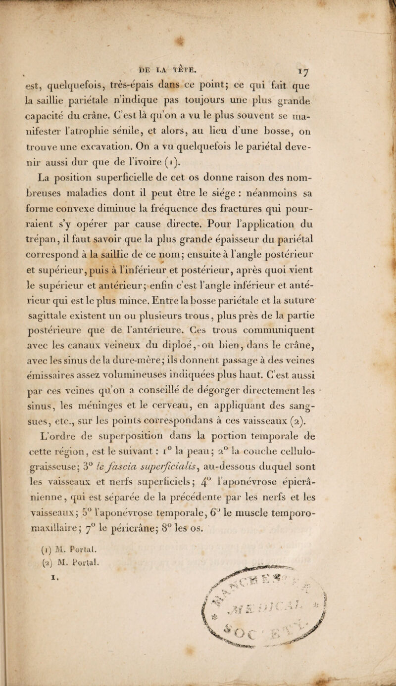 1 DE LA TETE. iy est, quelquefois, très-épais clans ce point; ce qui fait que la saillie pariétale n’indique pas toujours une plus grande capacité du crâne. C’est là qu’on a vu le plus souvent se ma¬ nifester l’atrophie sénile, et alors, au lieu d’une bosse, on trouve une excavation. On a vu quelquefois le pariétal deve¬ nir aussi dur que de l’ivoire (•). La position superficielle de cet os donne raison des nom¬ breuses maladies dont il peut être le siège : néanmoins sa forme convexe diminue la fréquence des fractures qui pour¬ raient s’y opérer par cause directe. Pour l’application du trépan, il faut savoir que la plus grande épaisseur du pariétal correspond à la saillie de ce nom; ensuite à l’angle postérieur et supérieur, puis à l’inférieur et postérieur, après quoi vient le supérieur et antérieur; enfin c’est l’angle inférieur et anté¬ rieur qui est le plus mince. Entre la bosse pariétale et la suture sagittale existent un ou plusieurs trous, plus près de la partie postérieure que de l’antérieure. Ces trous communiquent avec les canaux veineux du diploé, ou bien, dans le crâne, avec les sinus de la dure-mère; ils donnent passage à des veines émissaires assez volumineuses indiquées plus haut. C’est aussi par ces veines qu’on a conseillé de dégorger directement les * sinus, les méninges et le cerveau, en appliquant des sang¬ sues, etc., sur les points correspondans à ces vaisseaux (2). L’ordre de superposition dans la portion temporale de cette région, est le suivant : i° la peau; 20 la couche cellulo- graisseuse; 3° JeJas cia saperficialis, au-dessous duquel sont les vaisseaux et nerfs superficiels; 4° 1 aponévrose épicra¬ nienne , qui est séparée de la précédente par les nerfs et les vaisseaux; 5° l’aponévrose temporale, 6° le muscle temporo- maxiliaire; y° le péricrâne; 8° les os. (1) M. Portai. (2) M. Portai. I. <*• ' * '•Wî?